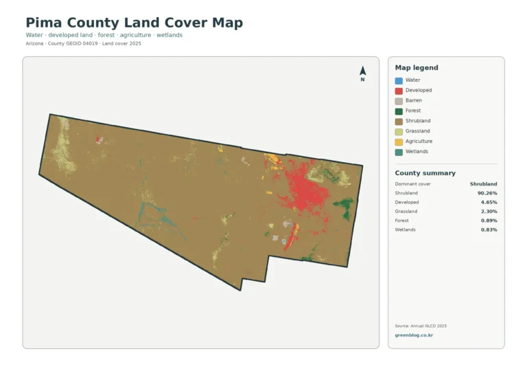 애리조나주 피마 카운티 토지 피복 지도(Pima County) – Tucson 개발 집중과 관목지 90.26%