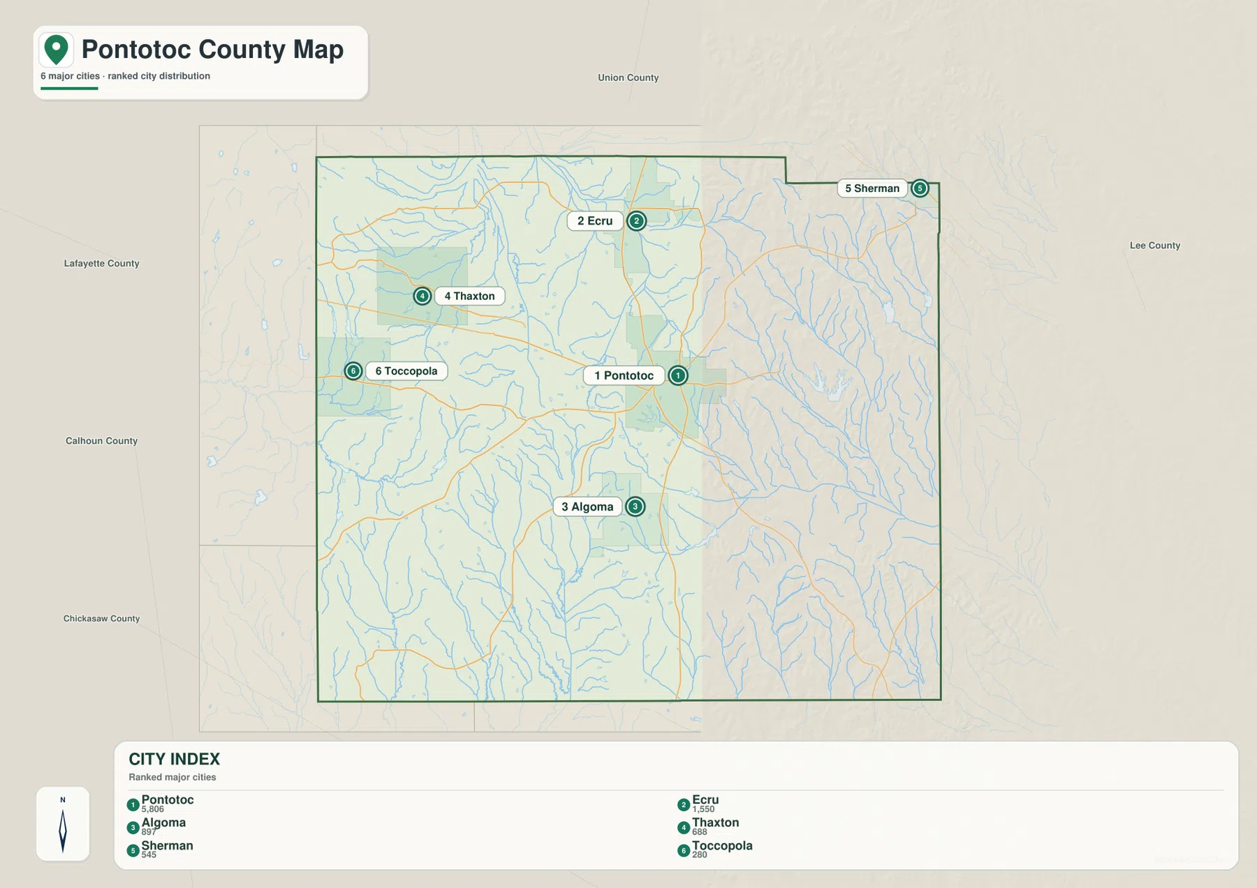 Pontotoc County city map with Pontotoc, Ecru, Algoma, Thaxton, Sherman, and Toccopola