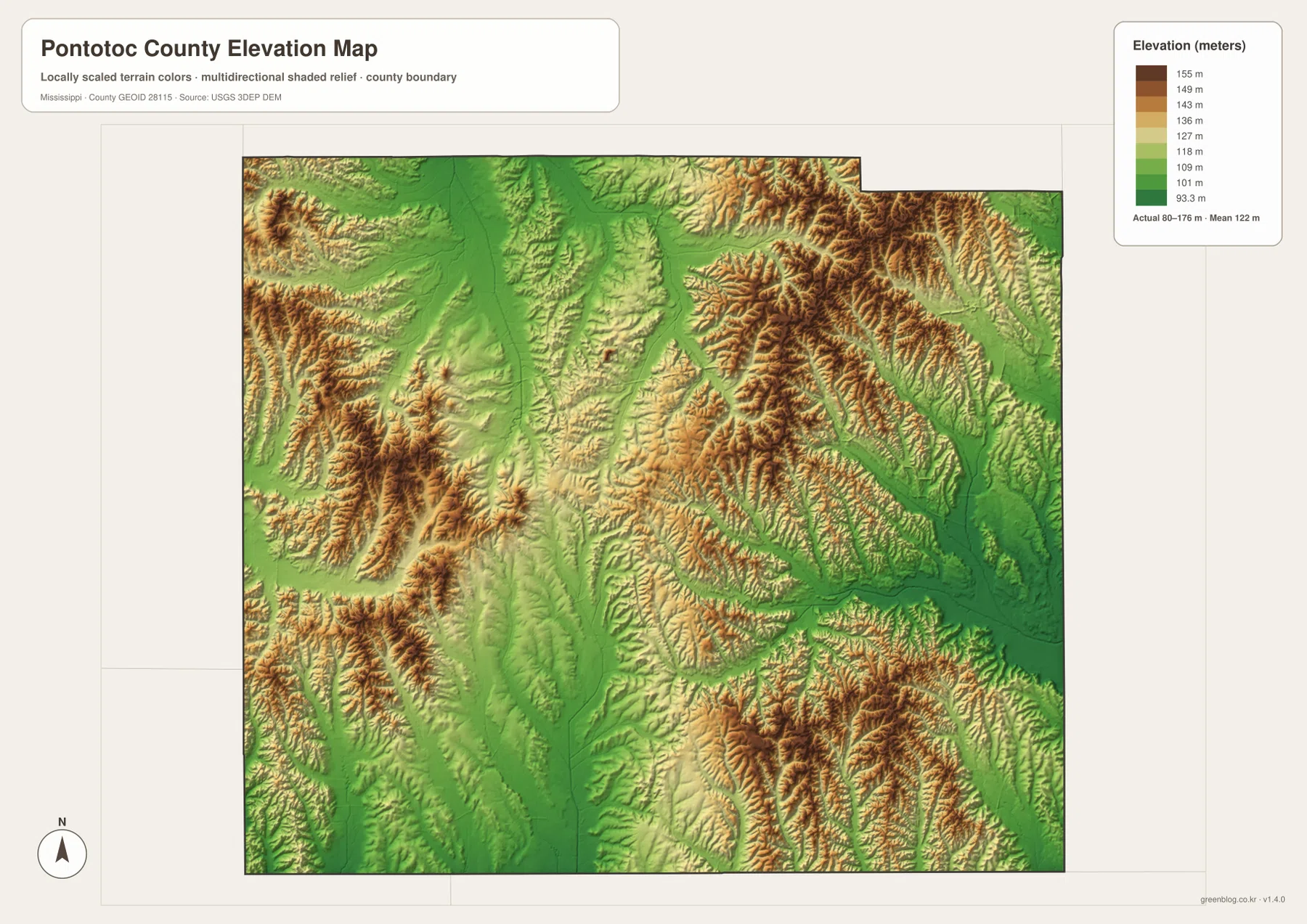 Pontotoc County elevation map showing terrain from about 80 to 176 meters