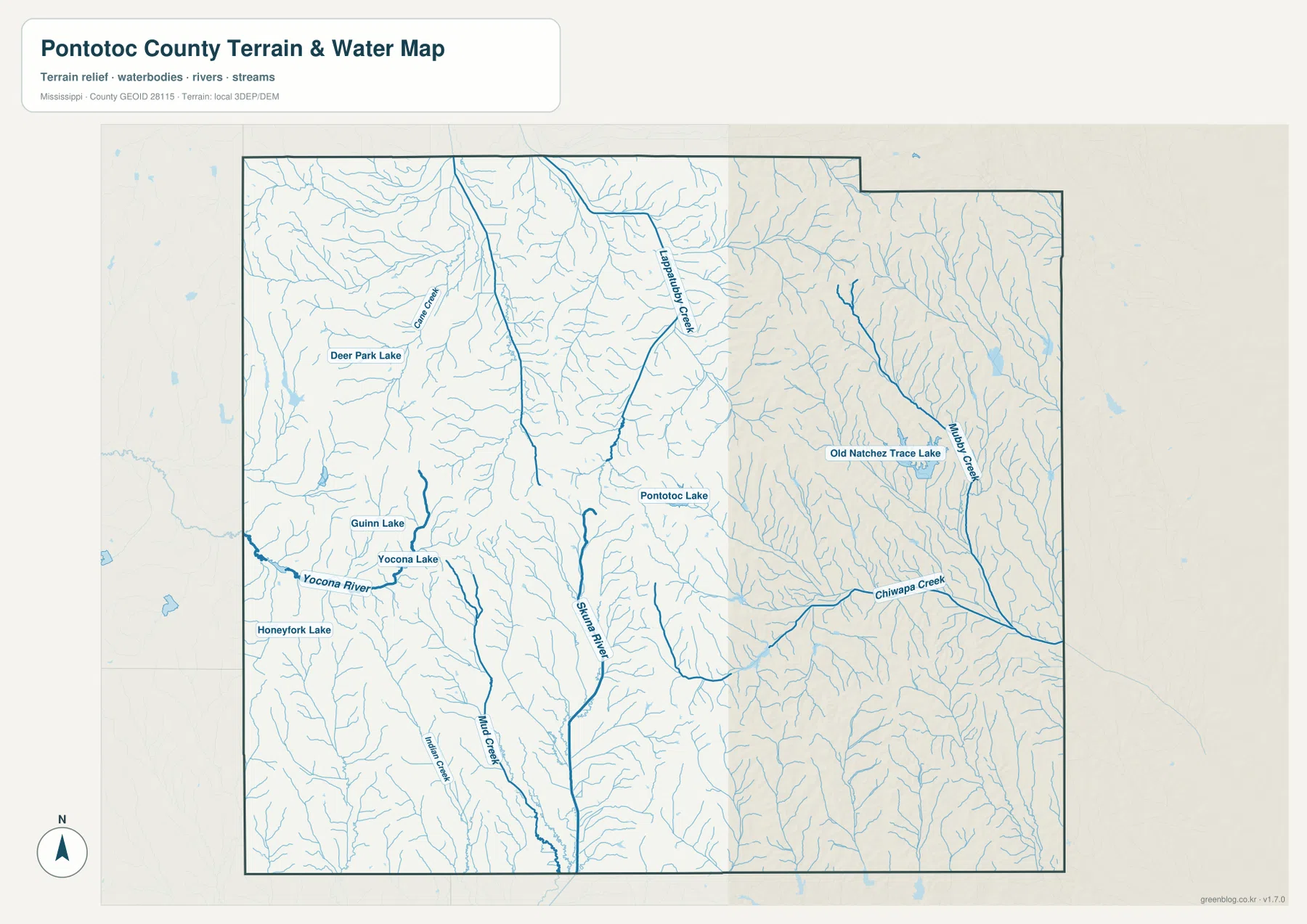 Pontotoc County water map showing Skuna River, Yocona River, creeks, and lakes