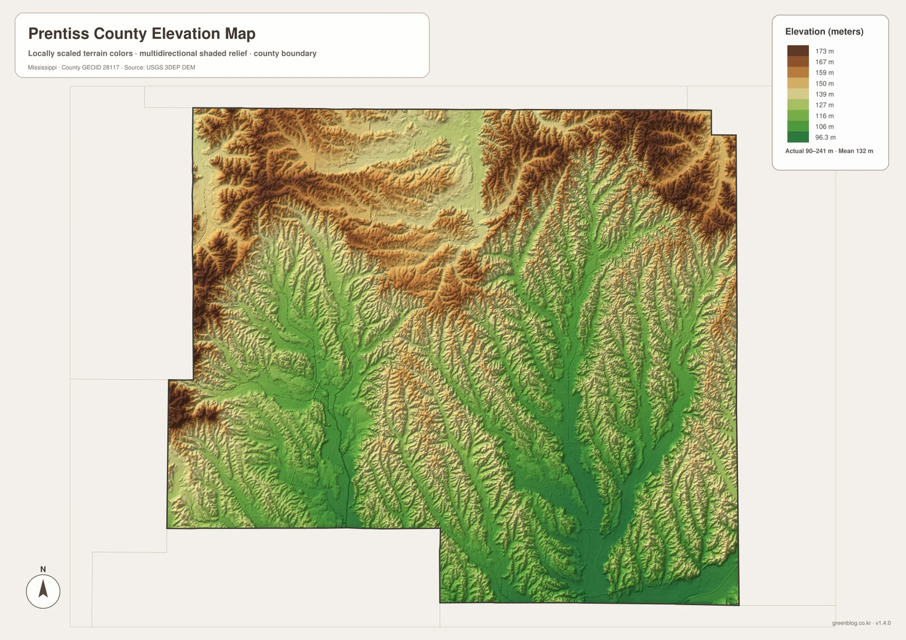 Prentiss County elevation map showing about 90 to 241 meters with high northern ridges and lower valleys