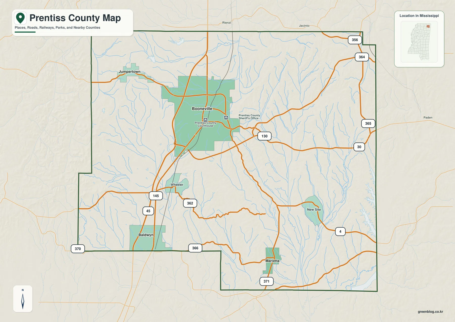 Prentiss County Mississippi map showing Booneville, US 45, Jumpertown, New Site, Marietta, and major routes