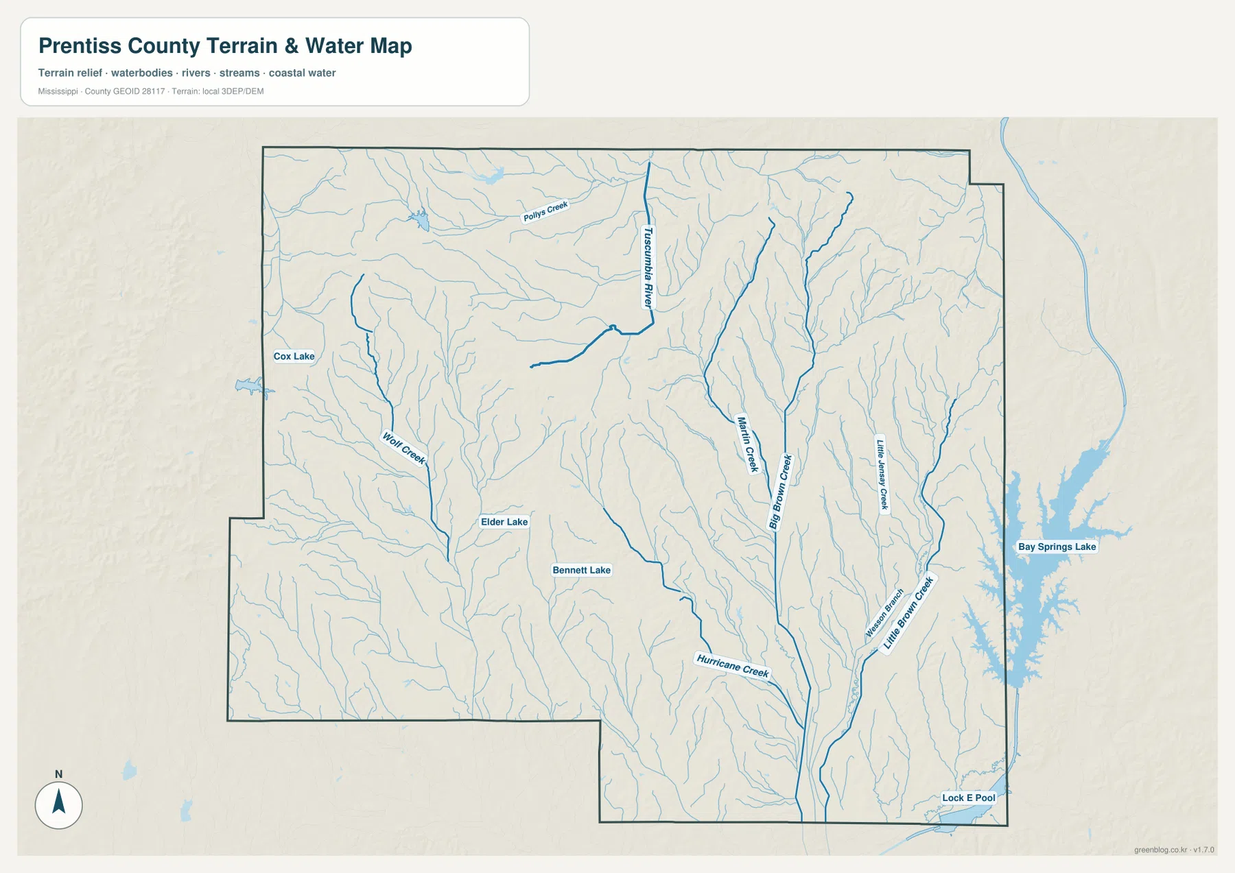 Prentiss County water map showing Tuscumbia River, Martin Creek, Camp Branch, Little Brown Creek, and Hurricane Creek