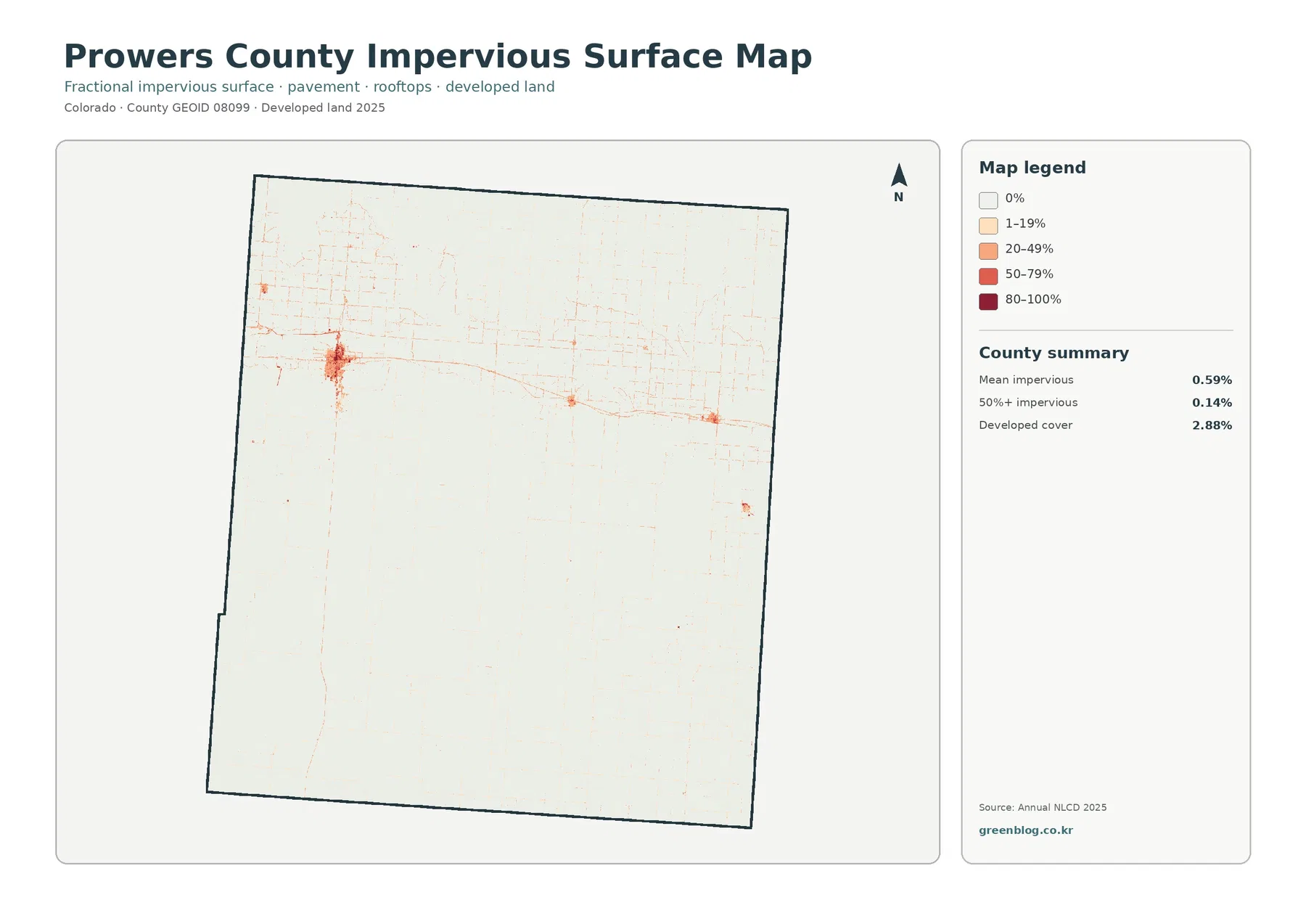 Prowers County impervious surface and developed land map