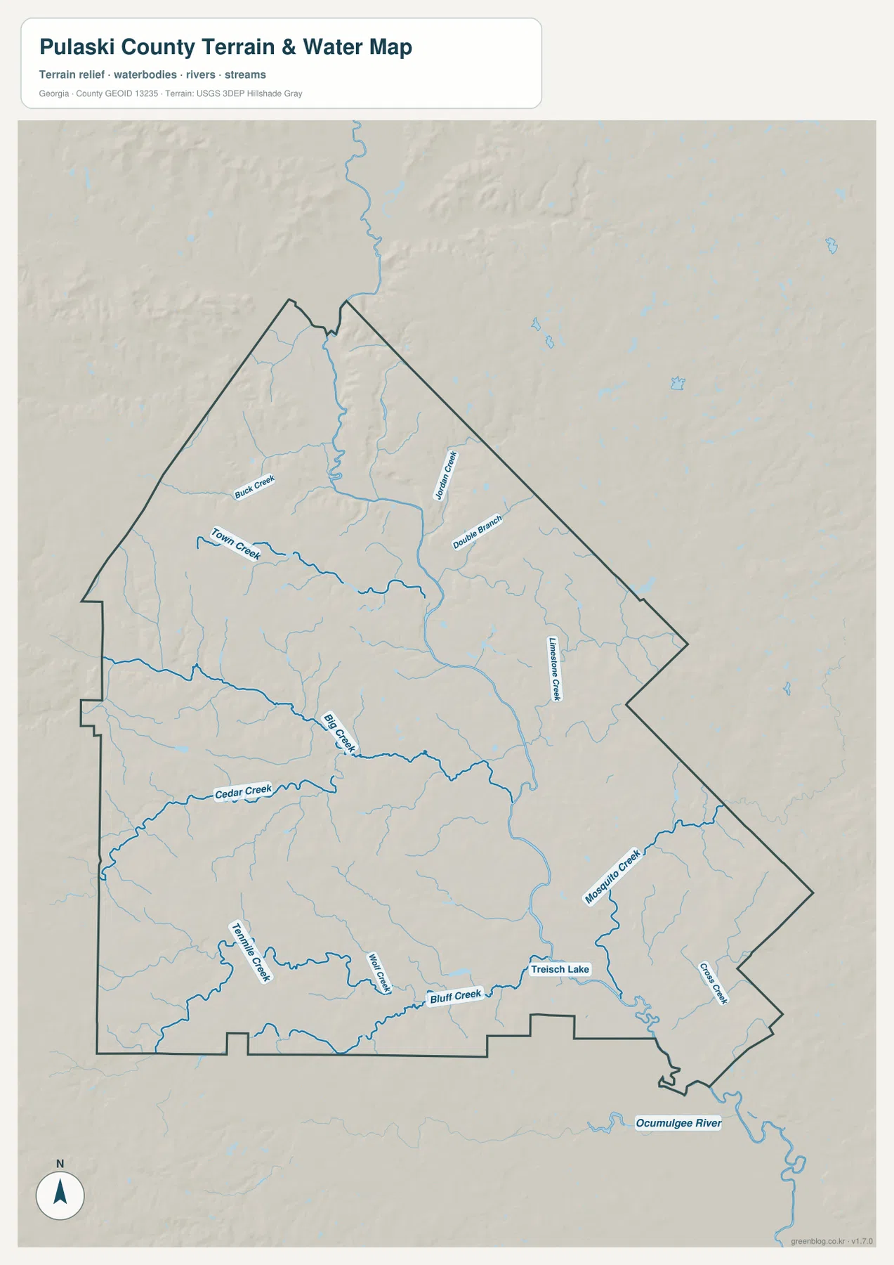 Ocmulgee River와 Big Creek, Town Creek, Cedar Creek, Mosquito Creek 등을 표시한 풀라스키 카운티 수역 지도