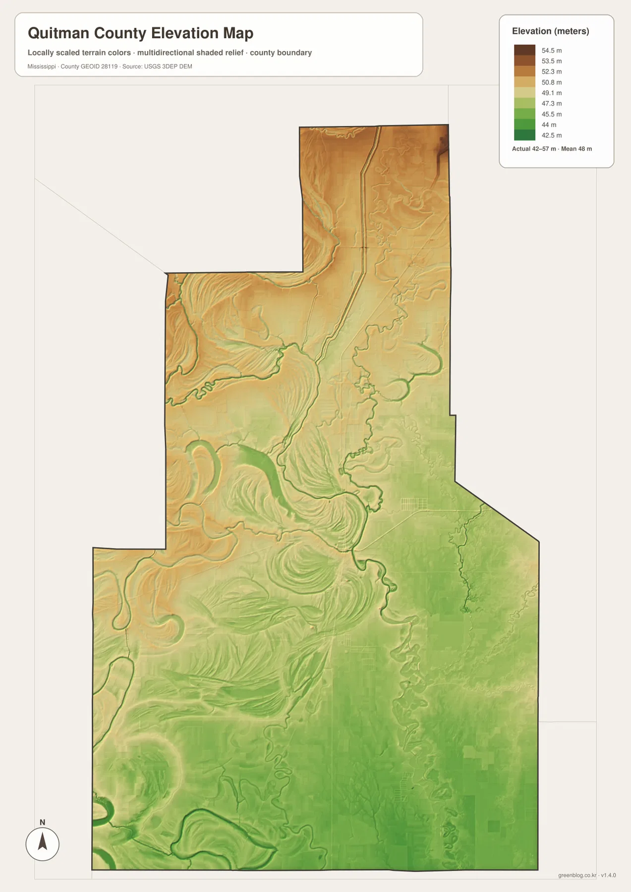 Quitman County elevation map showing an actual range of about 42 to 57 meters across the Mississippi Delta