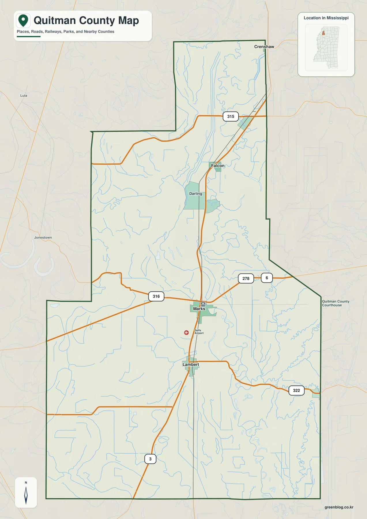 Quitman County Mississippi map with Marks, Lambert, Falcon, US 278, MS 3, and county boundary