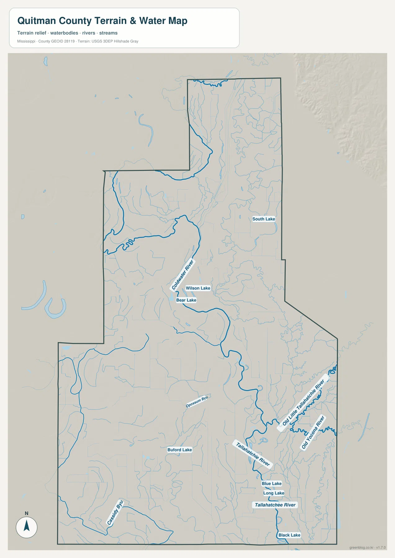 Quitman County water map with Coldwater River, Tallahatchie River, Opossum Bayou, lakes, and old channels