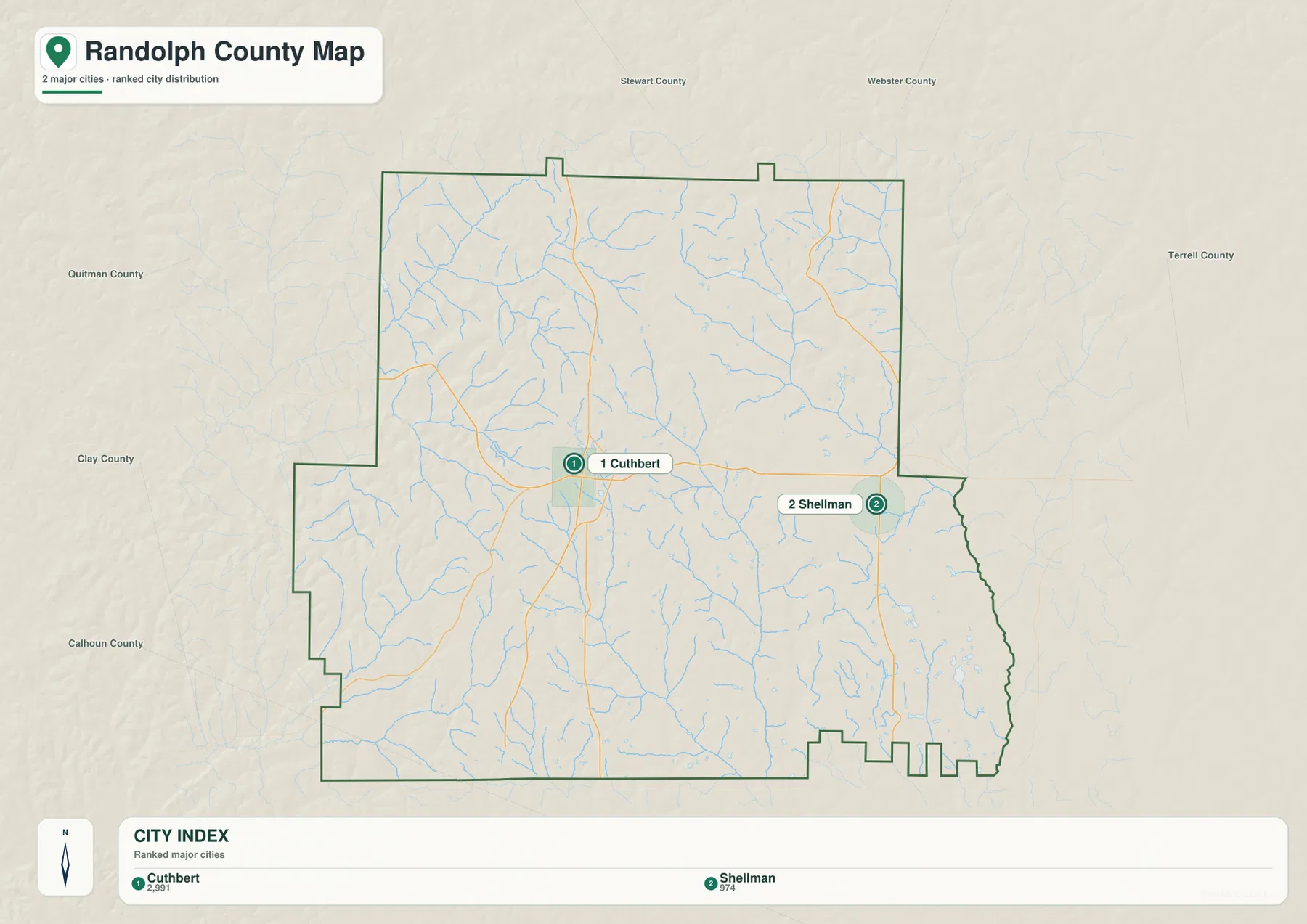 Randolph County Georgia city map showing Cuthbert and Shellman