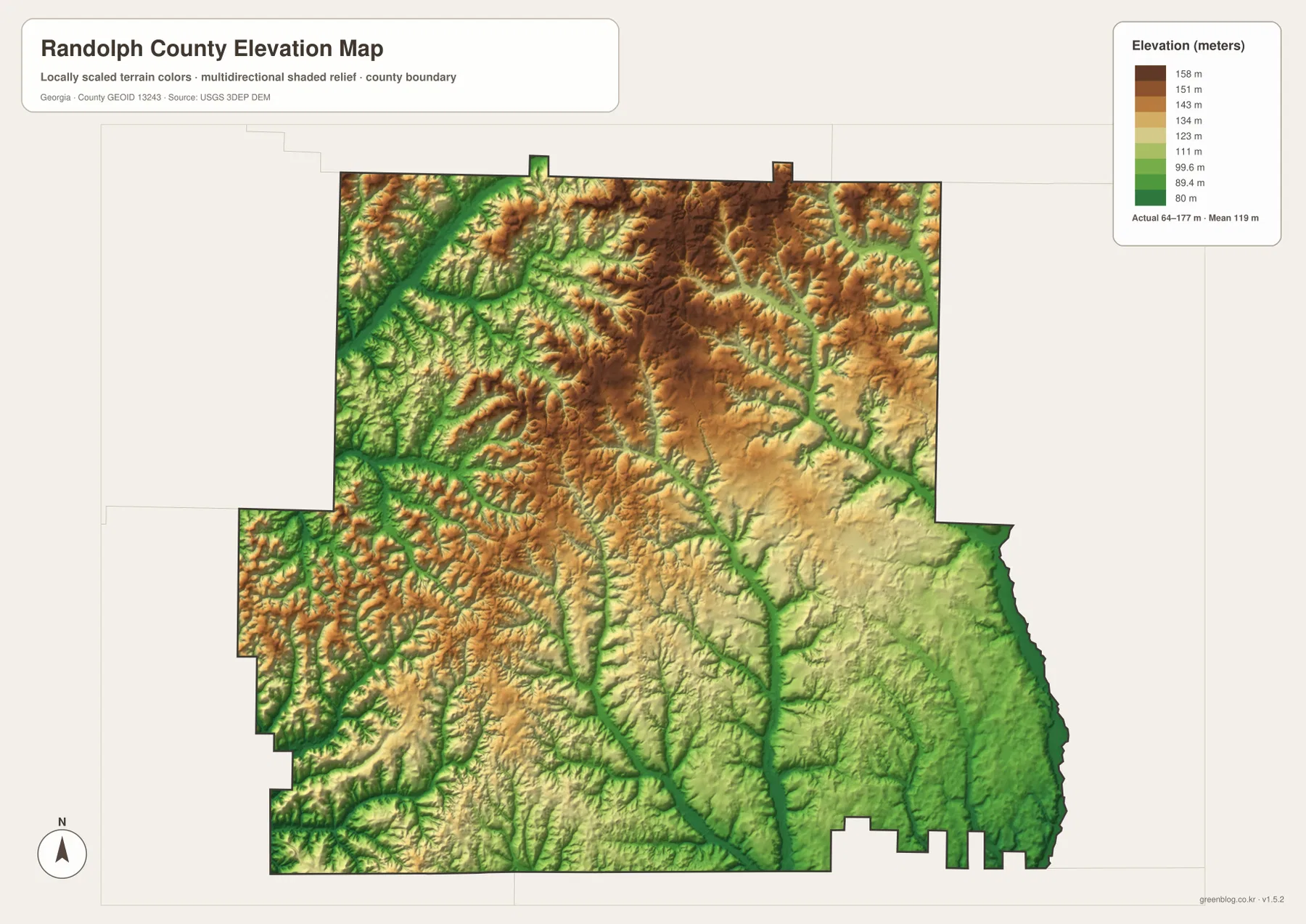 Randolph County Georgia elevation map 64 to 177 meters