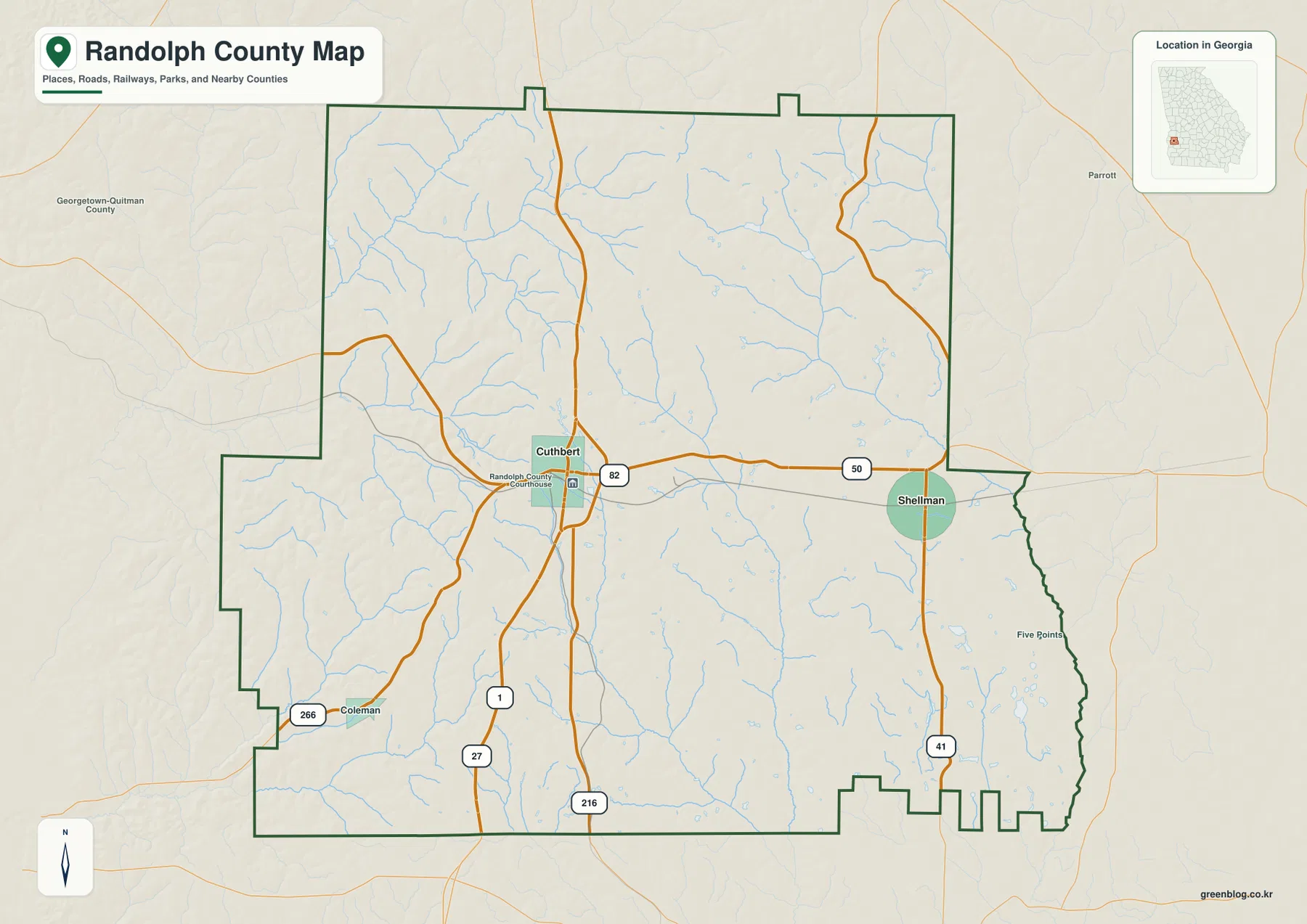 Randolph County Georgia boundary road map with Cuthbert and Shellman