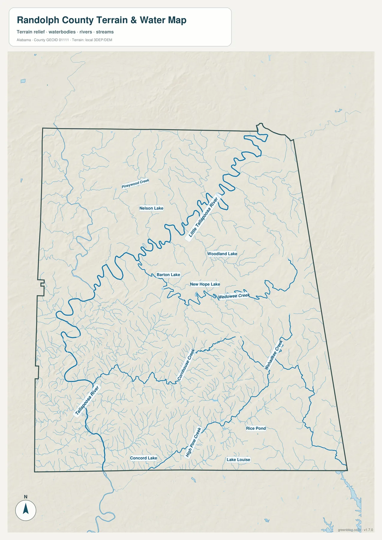 Randolph County의 Little Tallapoosa River, Tallapoosa River, Wedowee Creek, Pineywood Creek와 여러 호수를 표시한 수역 지도