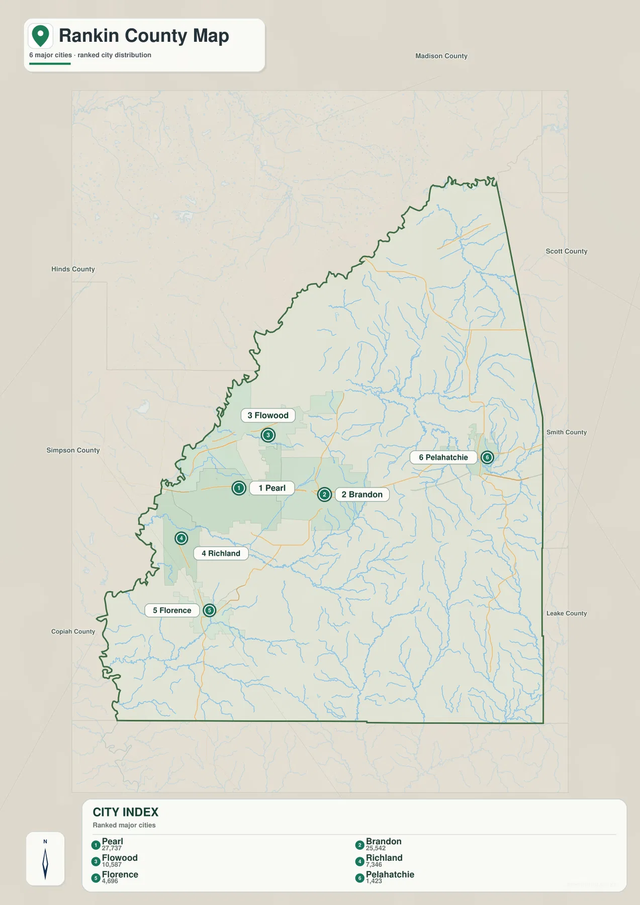 Rankin County city map showing Pearl, Brandon, Flowood, Richland, Florence, and Pelahatchie