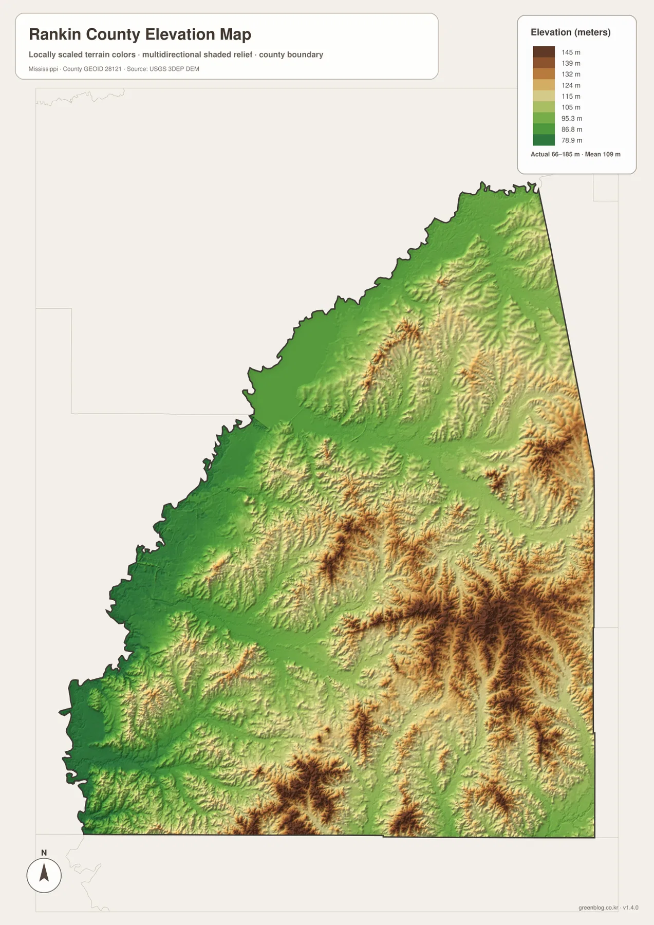 Rankin County elevation map showing about 66 to 185 meters with low Pearl River terrain and higher eastern hills