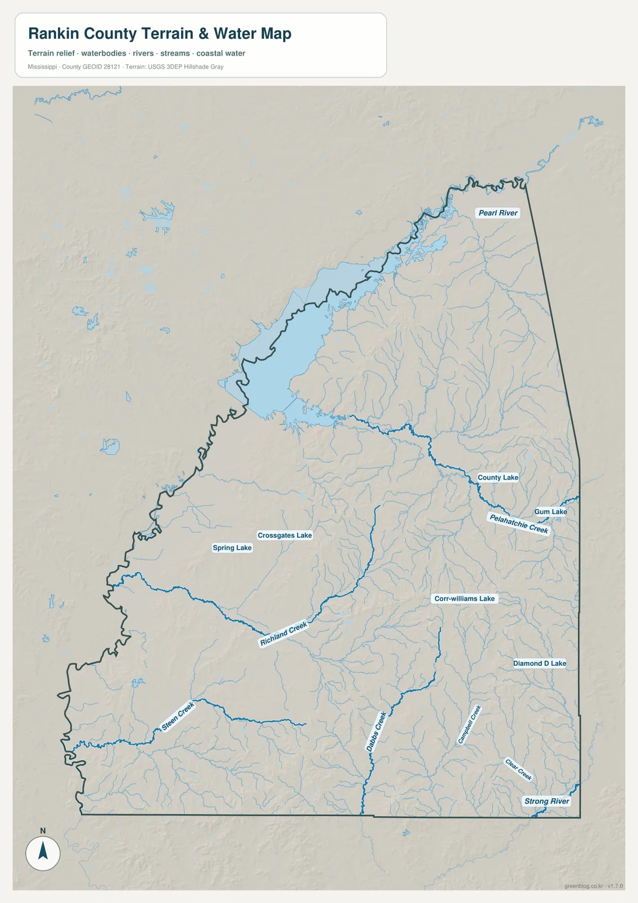 Rankin County water map showing Pearl River, Ross Barnett Reservoir, Pelahatchie Creek, Richland Creek, and lakes