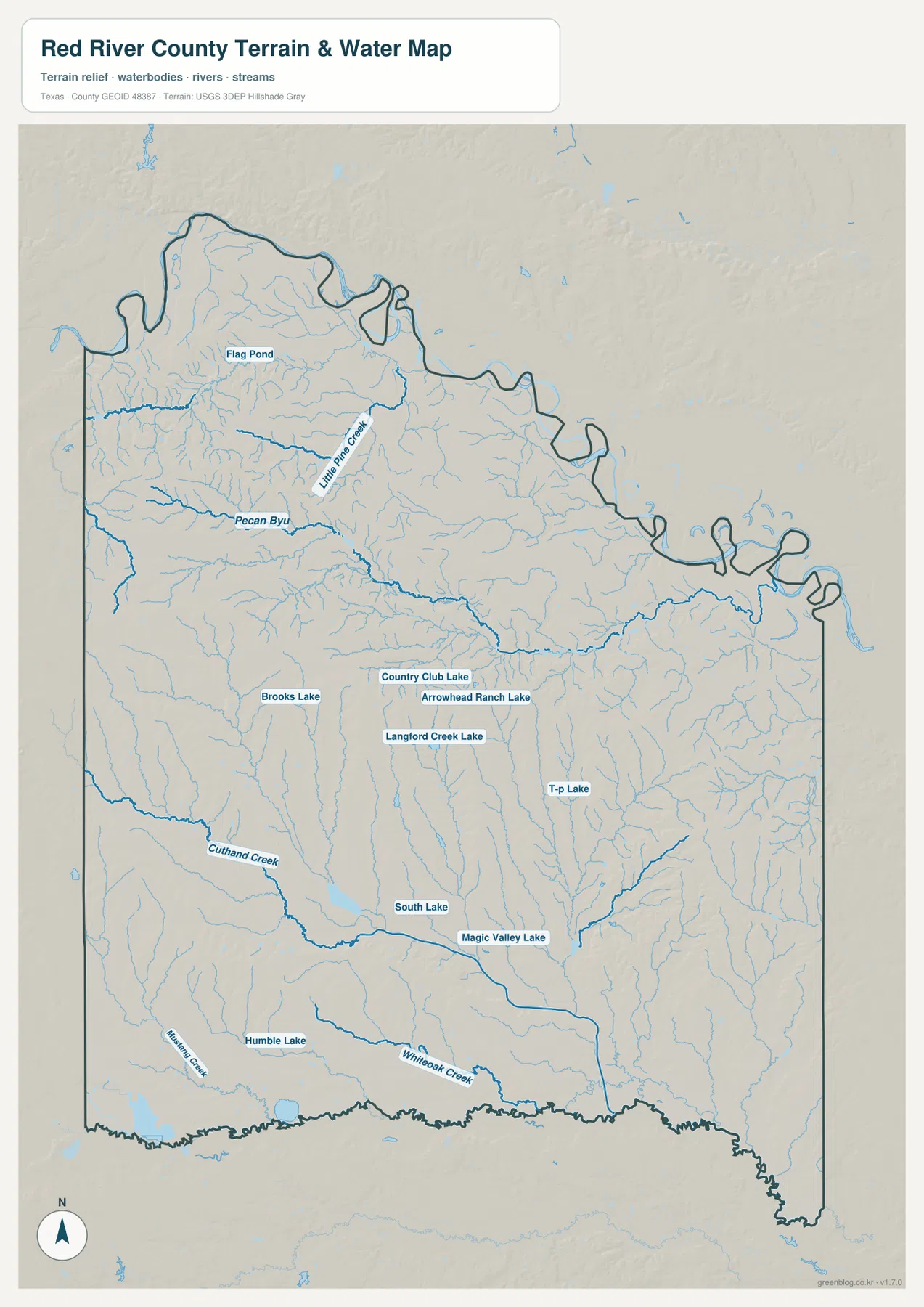 레드리버 카운티 수역 지도에 Pecan Bayou, Little Pine Creek, Cuthand Creek, Whiteoak Creek과 여러 작은 호수가 표시된 모습