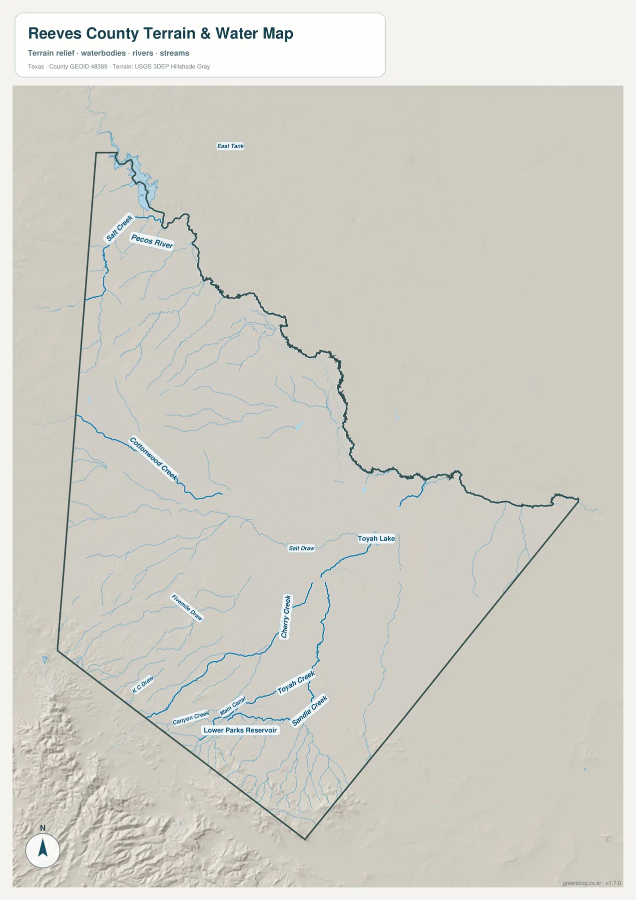 리브스 카운티 수역 지도에 Pecos River, Cottonwood Creek, Toyah Lake, Toyah Creek, Lower Parks Reservoir가 표시된 모습