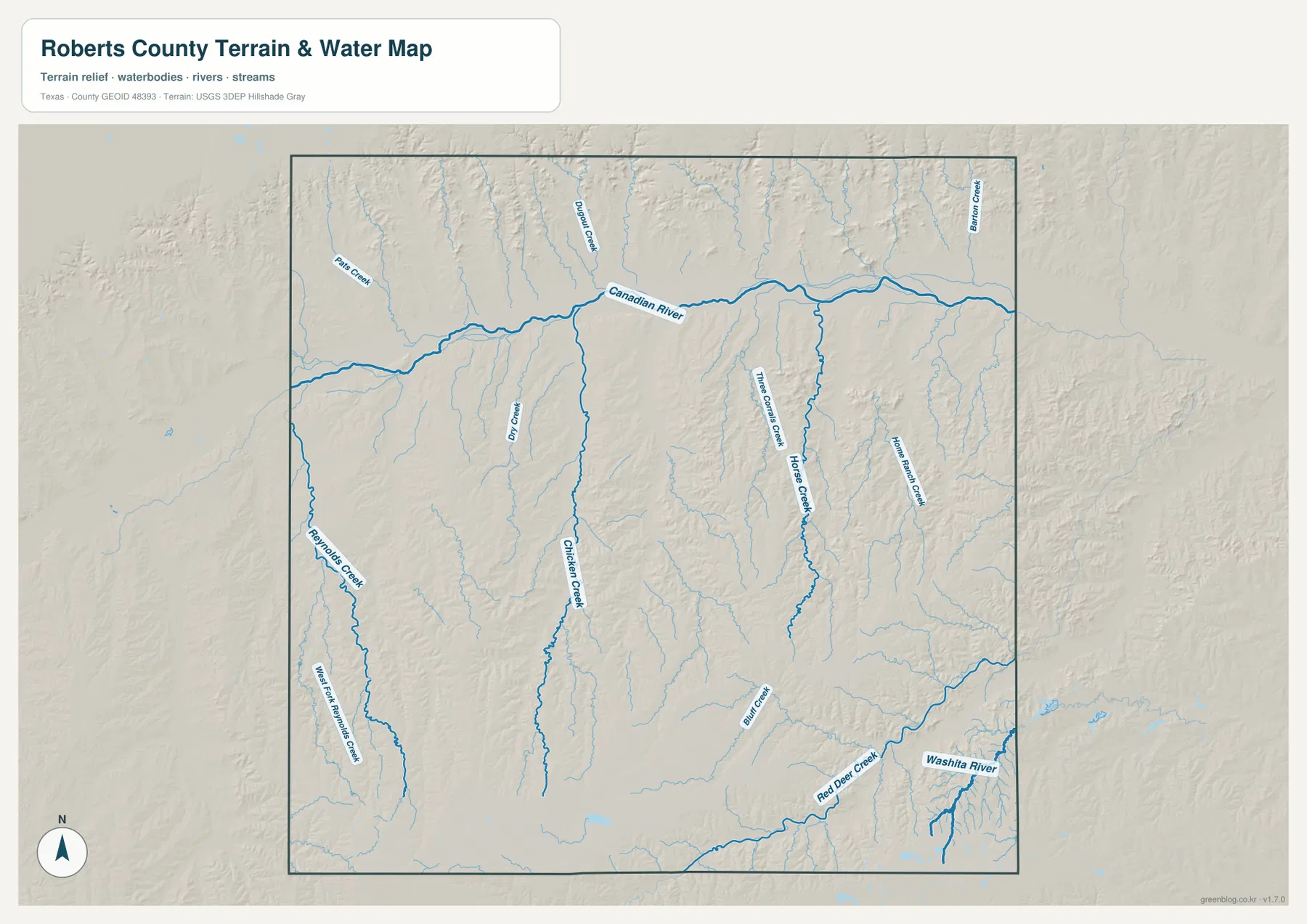 로버츠 카운티 수역 지도 - Canadian River, Dry Creek, Chicken Creek, Horse Creek, Red Deer Creek와 Washita River