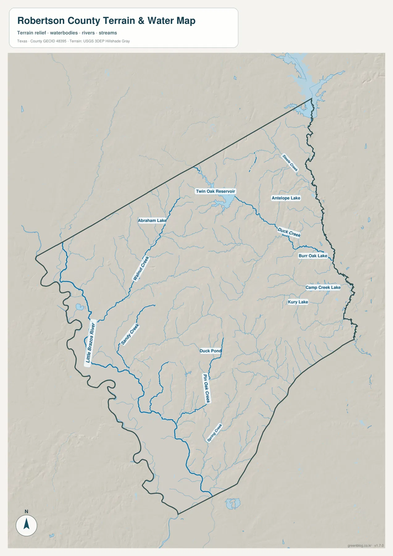 Little Brazos River와 Walnut Creek, Sandy Creek, Pin Oak Creek 및 여러 호수가 표시된 로버트슨 카운티 지형 수역 지도
