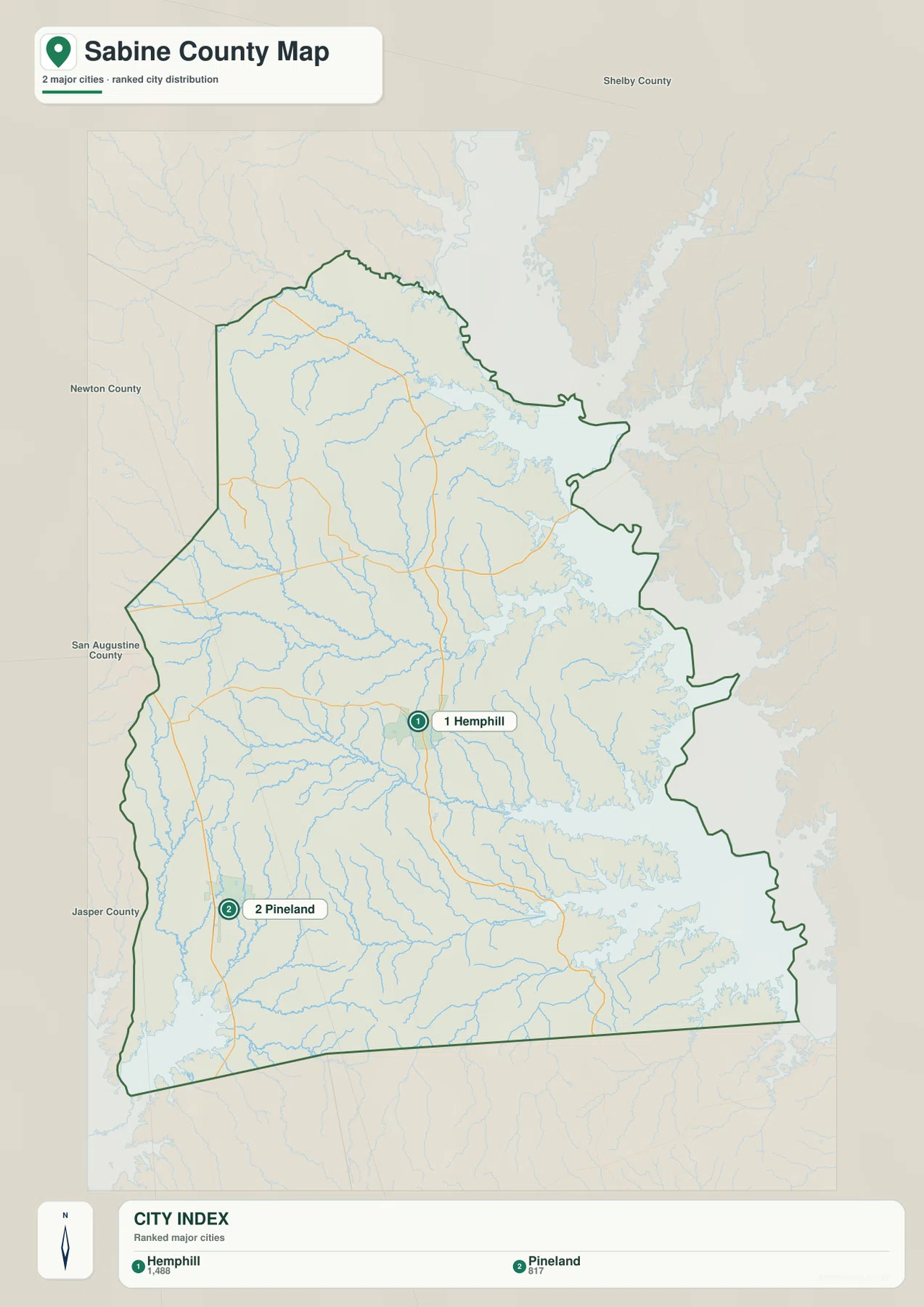 Sabine County city map showing Hemphill and Pineland