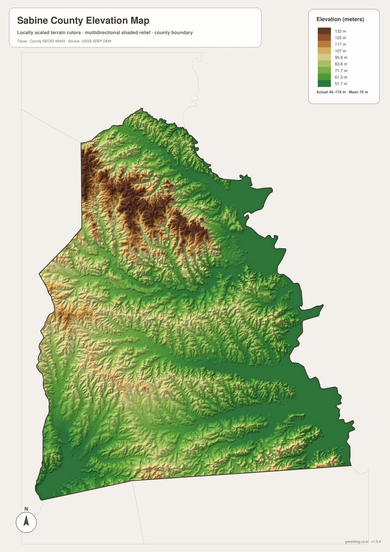 Sabine County elevation map showing an actual range of about 48 to 179 meters and a mean of 76 meters