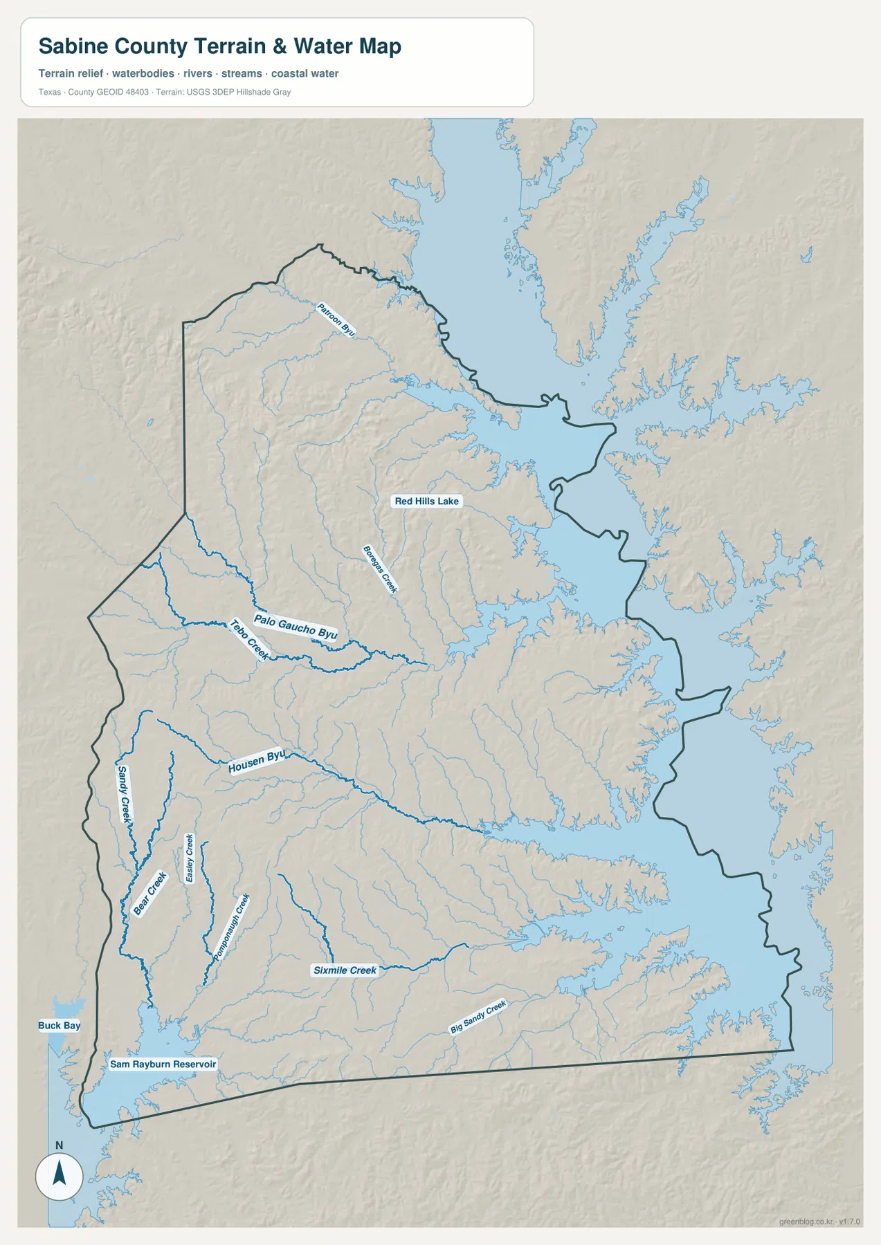 Sabine County water map with Patroon Bayou, Palo Gaucho Bayou, Housen Bayou, Sixmile Creek and Big Sandy Creek