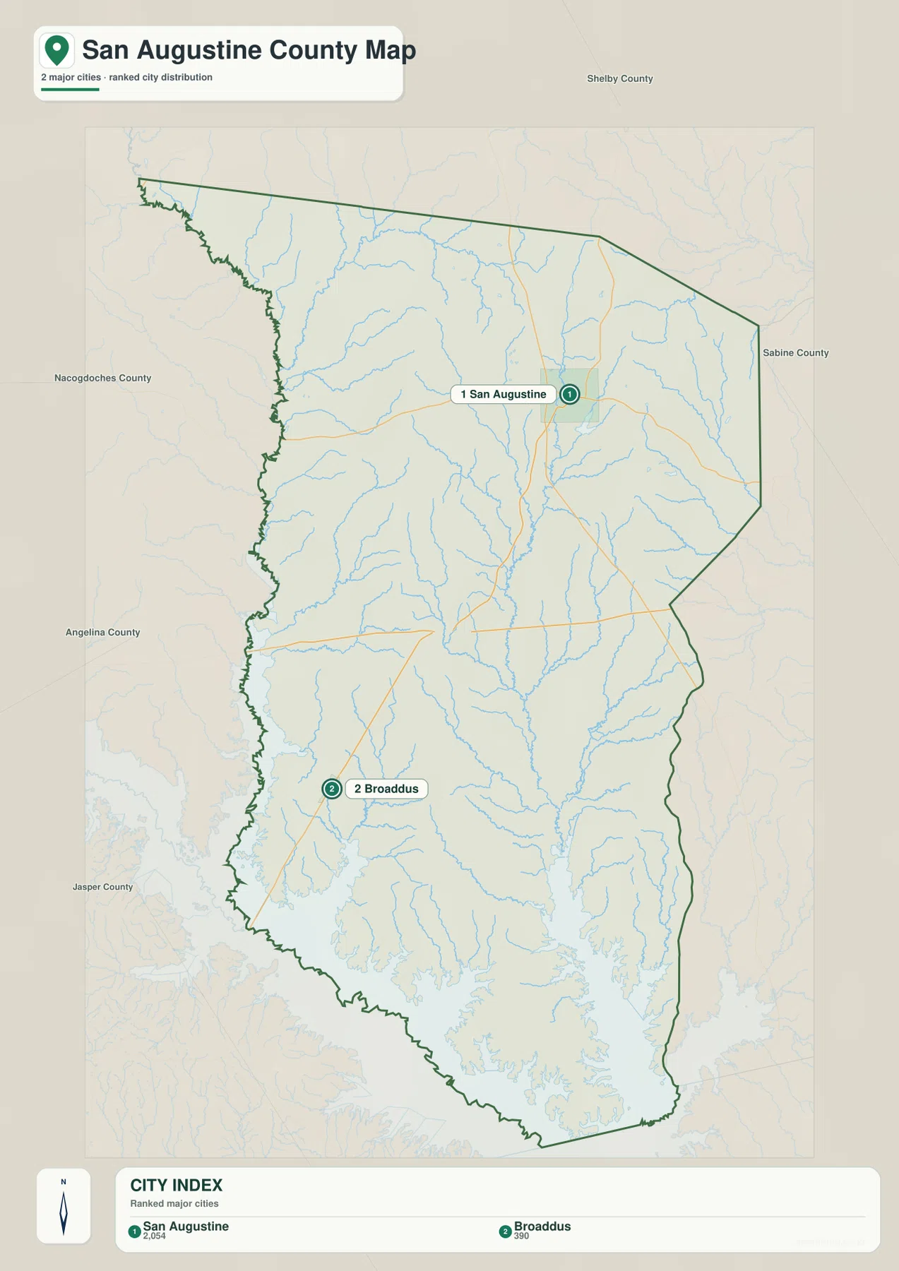 San Augustine County city map showing San Augustine and Broaddus