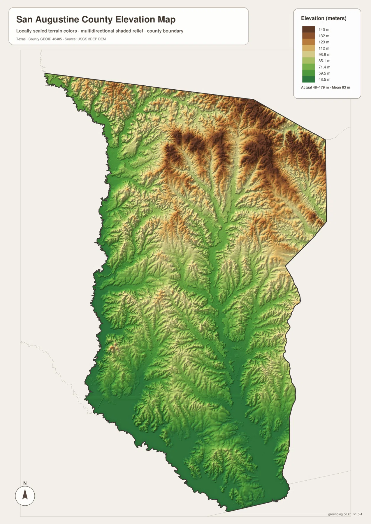 San Augustine County elevation map showing an actual range of about 48 to 179 meters and a mean of 83 meters