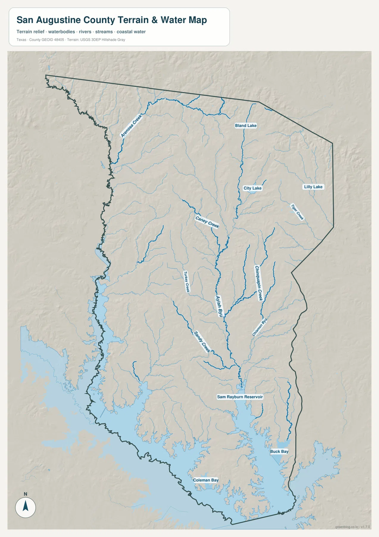 San Augustine County water map showing Ayish Bayou, Arenosa Creek, Caney Creek, Sam Rayburn Reservoir, Buck Bay and Coleman Bay