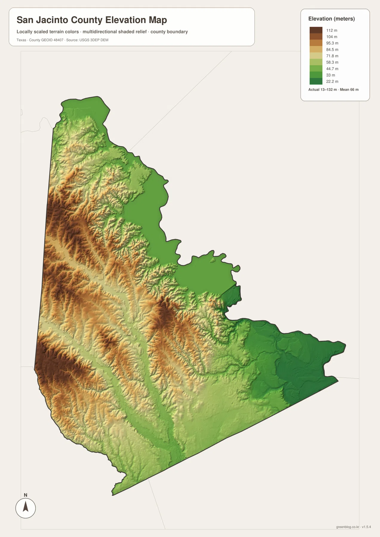 San Jacinto County elevation map showing an actual range of about 13 to 132 meters and higher western ridges
