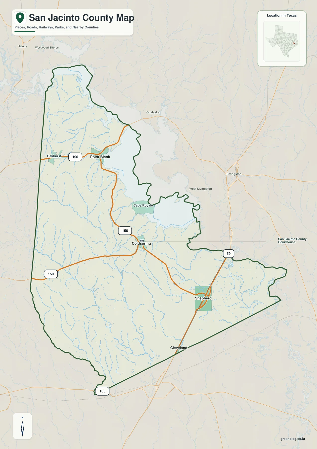 San Jacinto County map showing Coldspring, Shepherd, Point Blank, Oakhurst, Lake Livingston and major roads