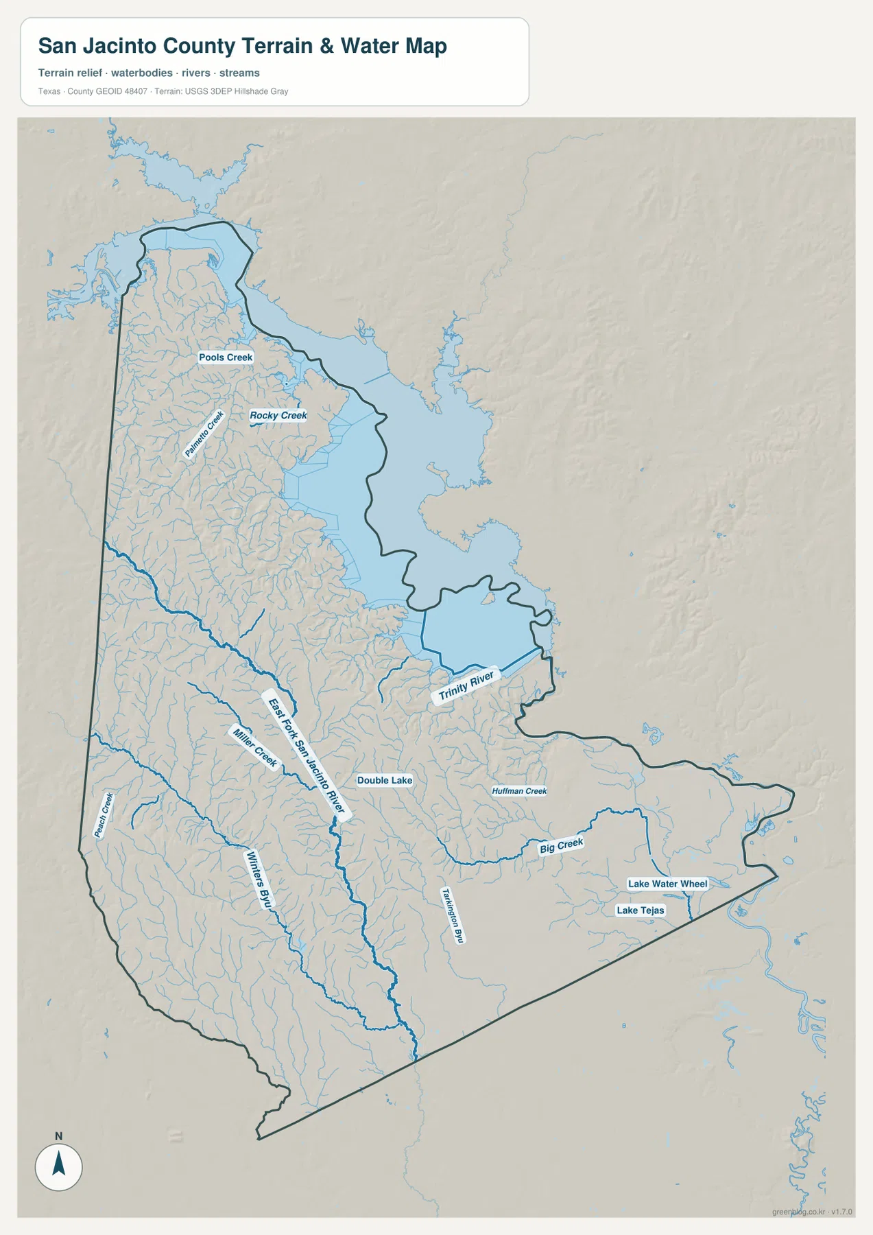 San Jacinto County water map showing Lake Livingston, Trinity River, East Fork San Jacinto River, Big Creek and Winters Bayou