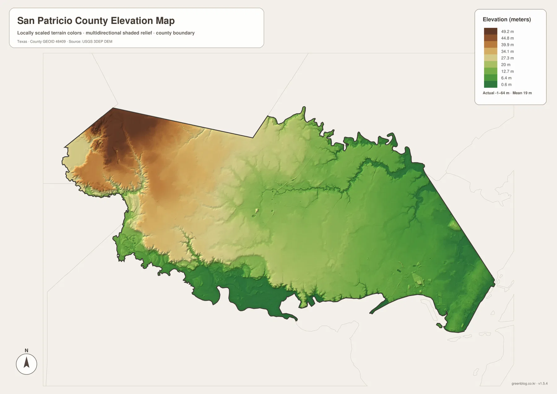 San Patricio County elevation map showing an actual range of about -1 to 64 meters and a mean of 19 meters