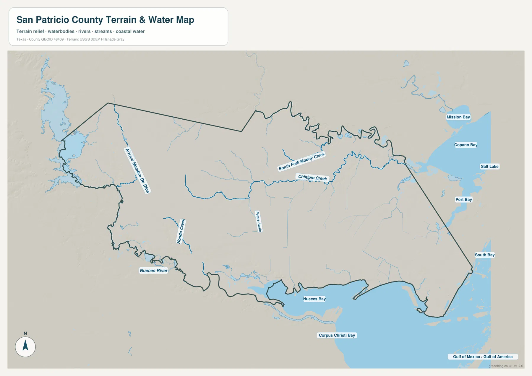 San Patricio County water map showing Nueces River, Nueces Bay, Corpus Christi Bay, Chiltipin Creek, and South Fork Moody Creek
