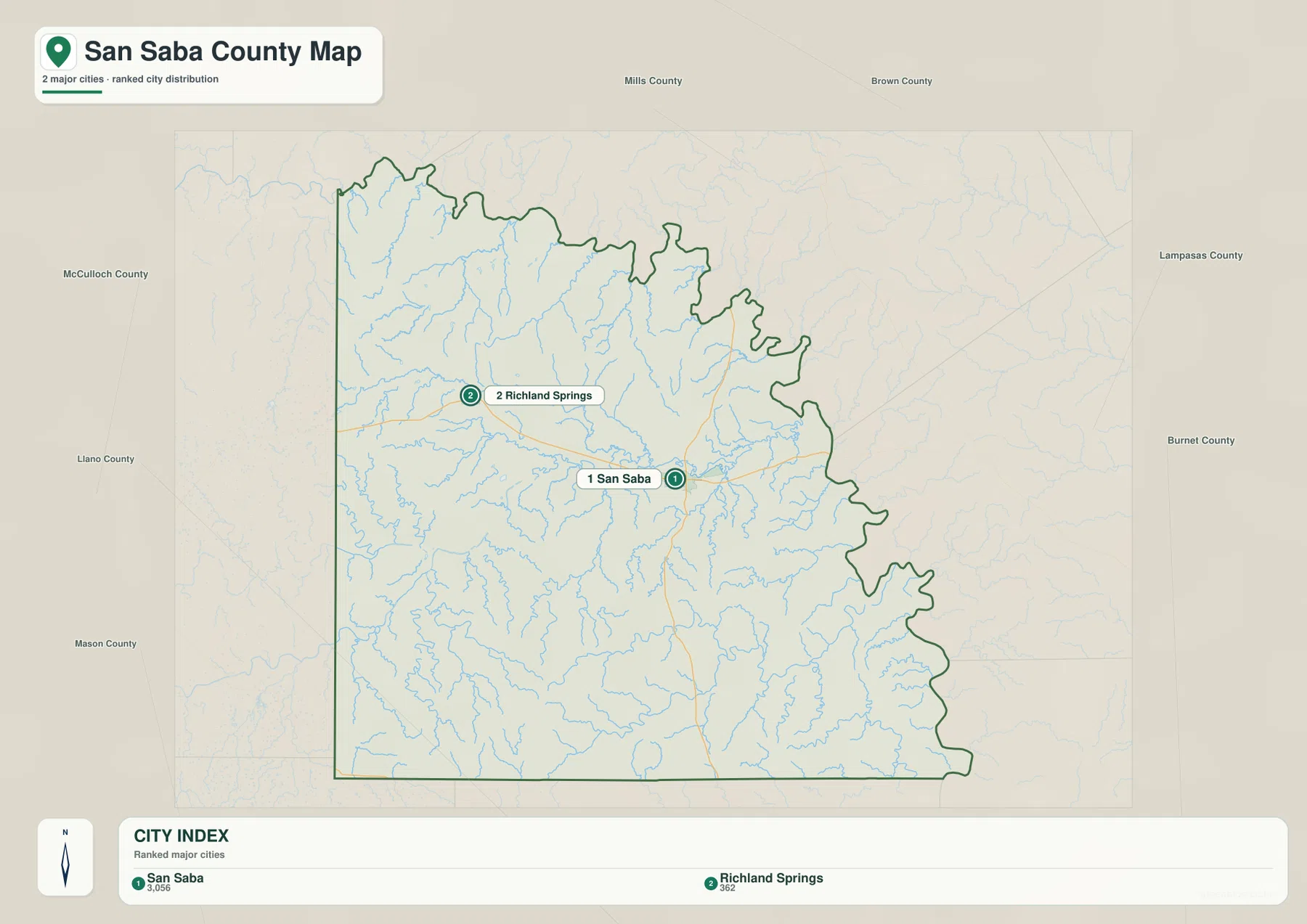 San Saba County 도시 지도에 표시된 San Saba와 Richland Springs