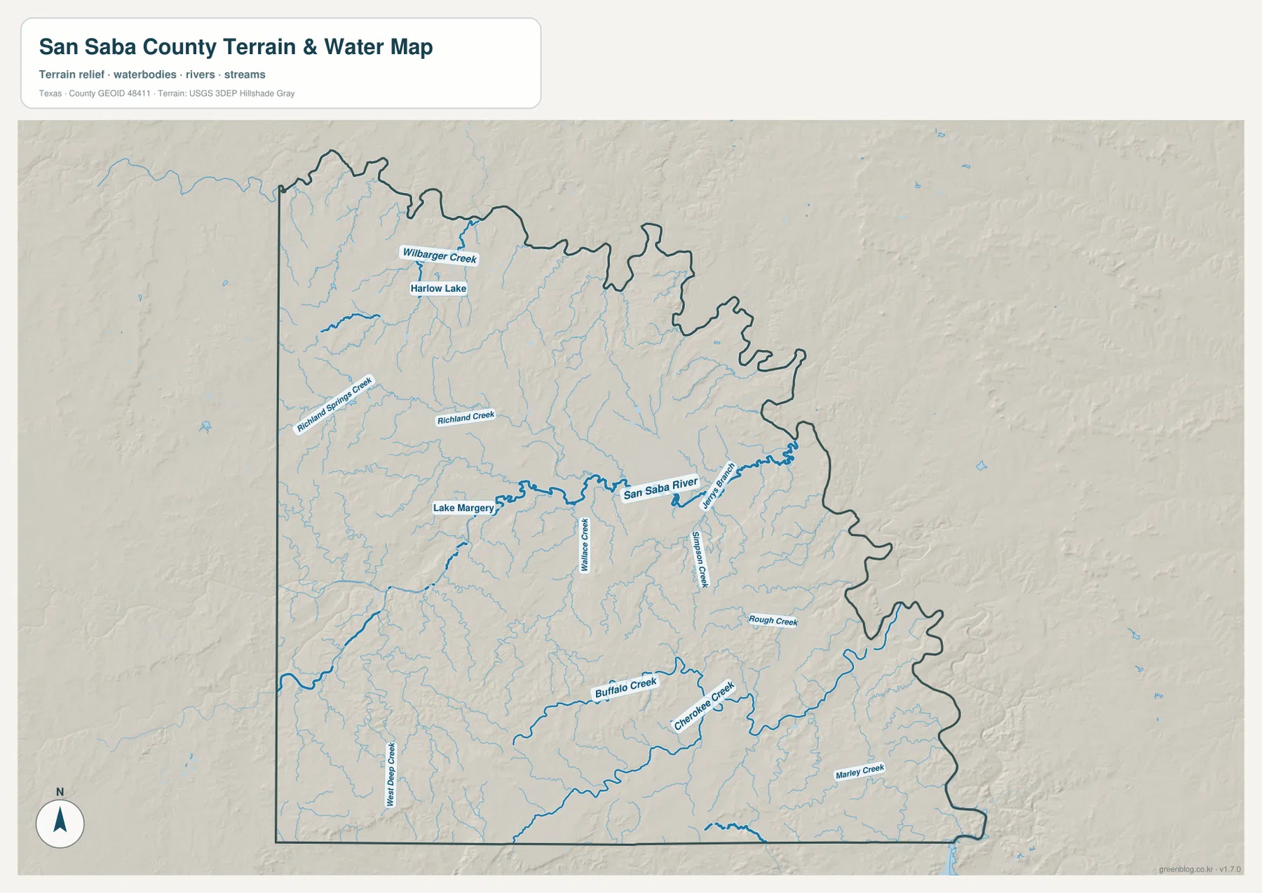 San Saba County 수역 지도에 표시된 San Saba River, Richland Creek, Buffalo Creek, Cherokee Creek과 Harlow Lake
