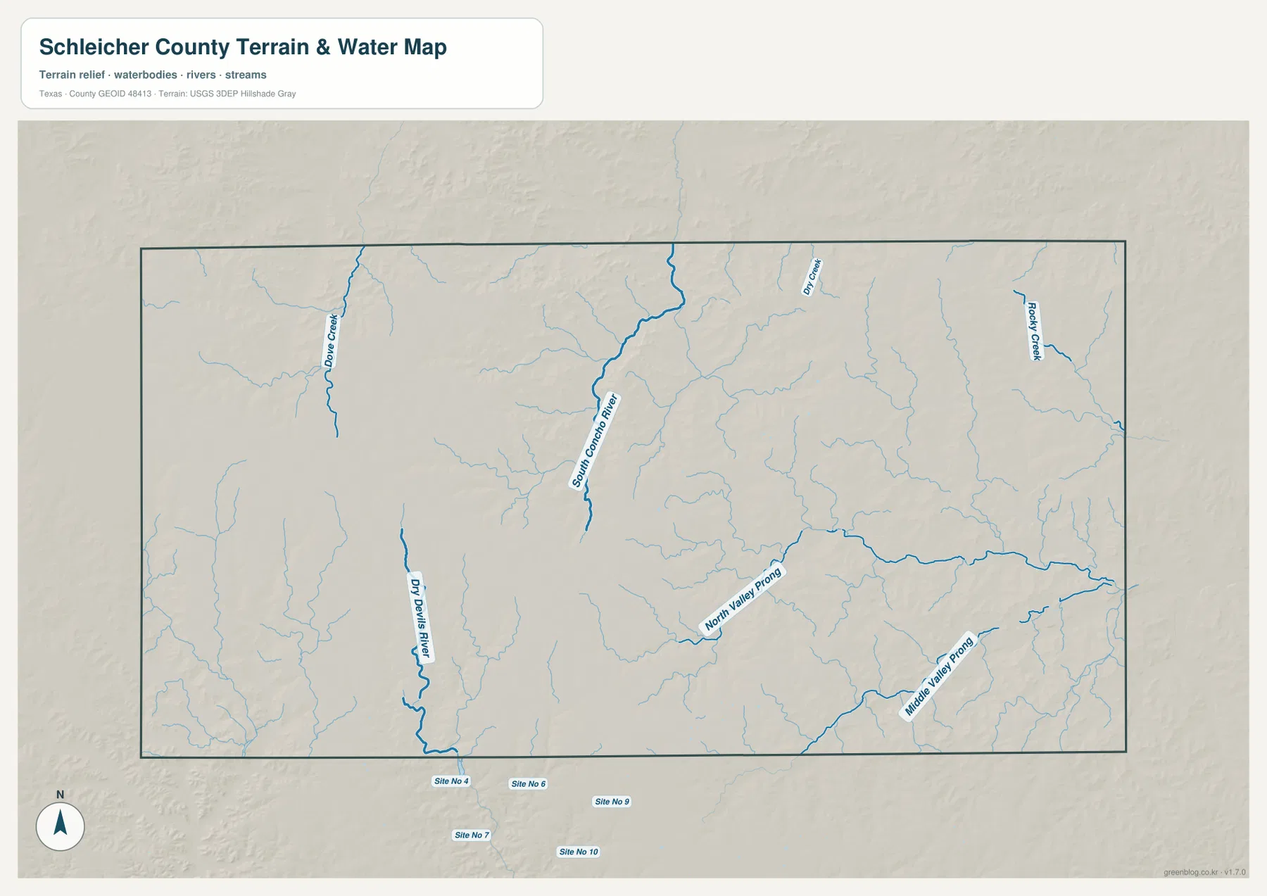 Schleicher County 수역 지도에 표시된 South Concho River, Dry Devils River, Dove Creek, North Valley Prong과 Middle Valley Prong