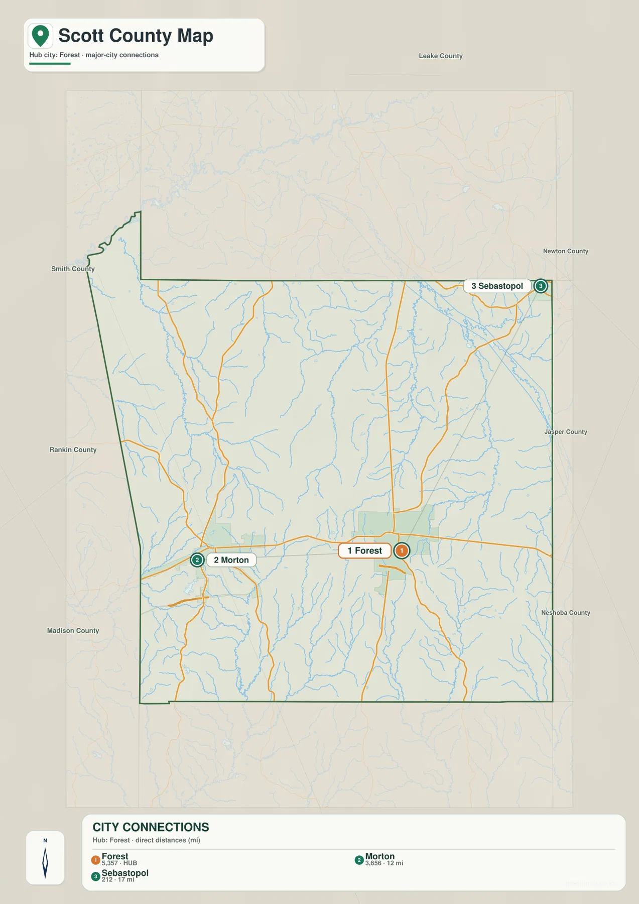 Scott County city connections map with Forest, Morton, and Sebastopol straight-line distances