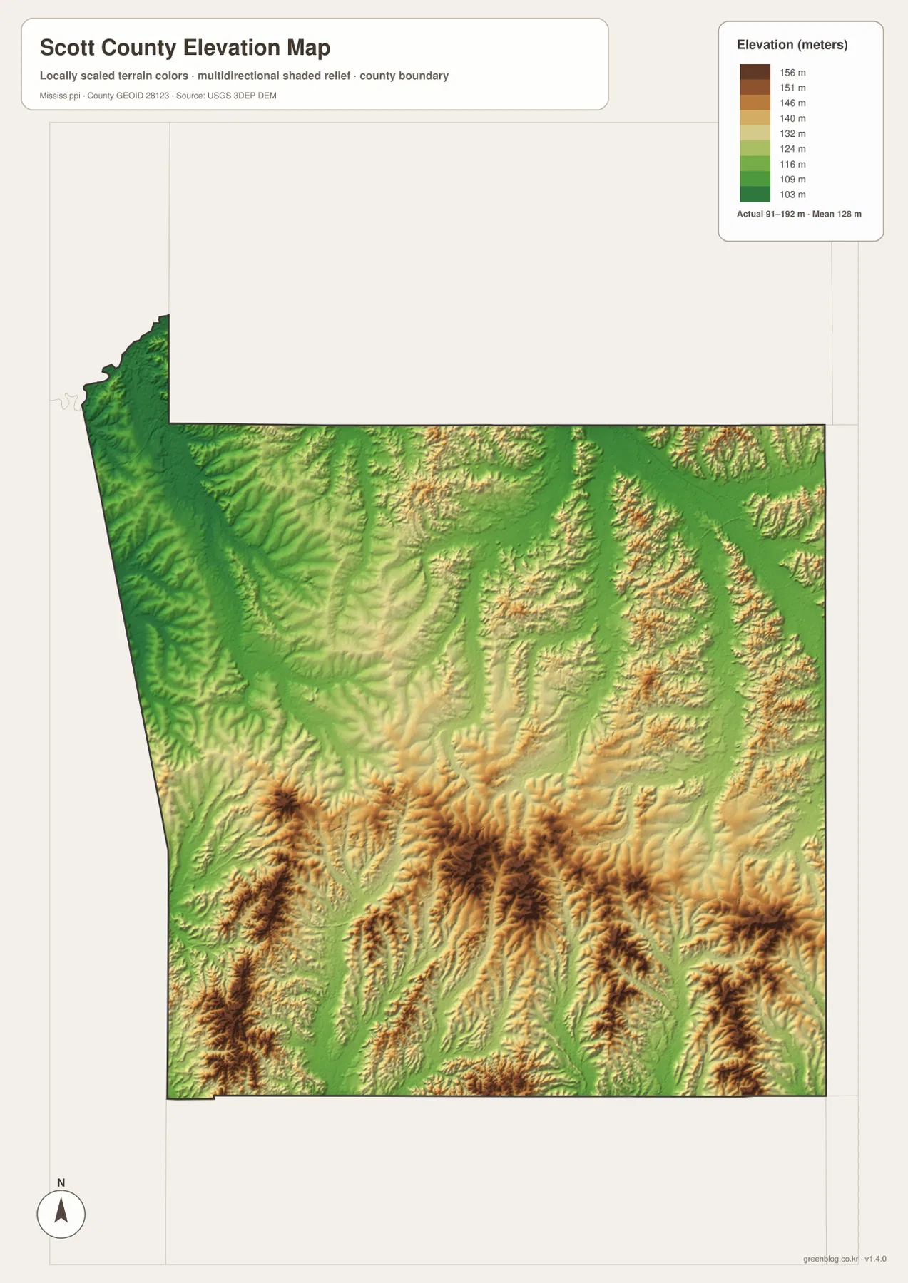 Scott County elevation map showing about 91 to 192 meters with higher southern hills and lower valleys
