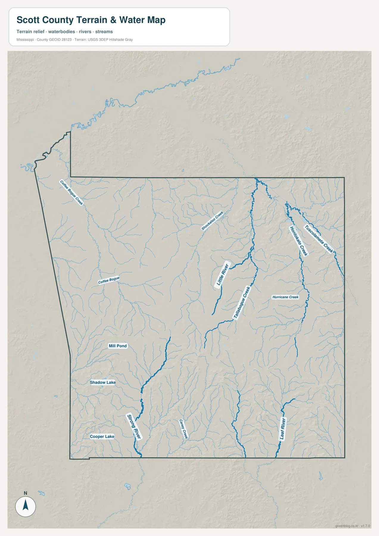 Scott County water map showing Little River, Strong River, Shockaloe Creek, Tallabogue Creek, and lakes