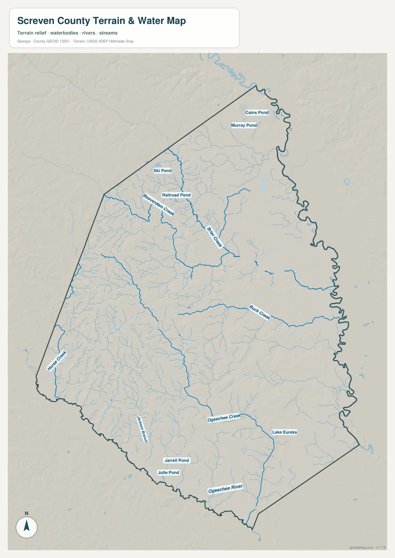 Brier Creek, Buck Creek, Ogeechee River와 여러 연못이 표시된 스크레븐 카운티 수역 지도