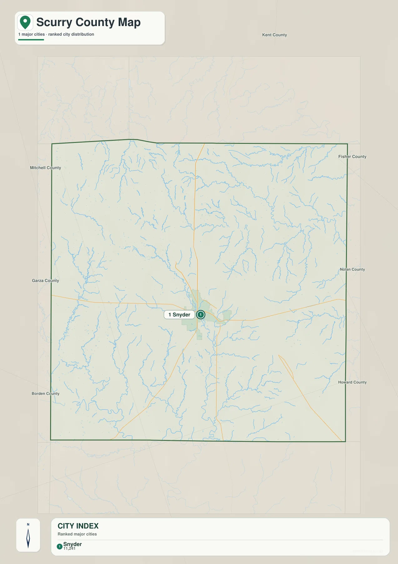 Scurry County city map highlighting Snyder as the single ranked major city