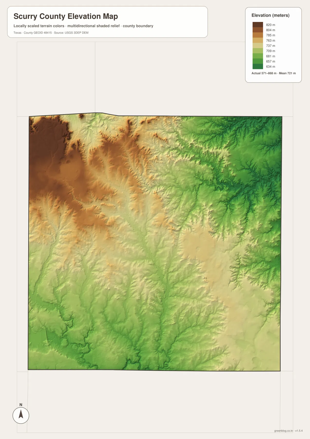 Scurry County elevation map showing an actual range of about 571 to 868 meters and a mean of 721 meters