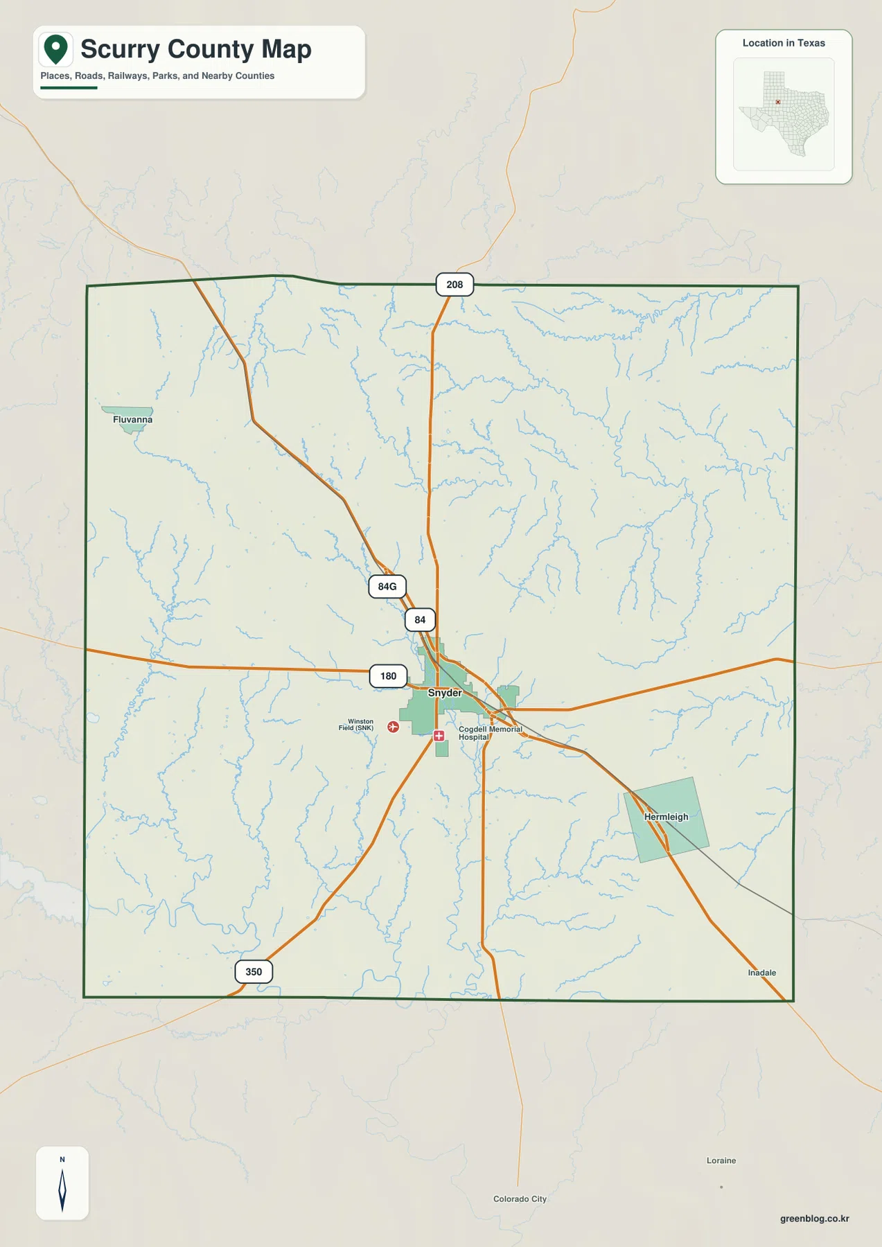 Scurry County map showing Snyder, Hermleigh, Fluvanna, routes 84, 180, 208, and 350
