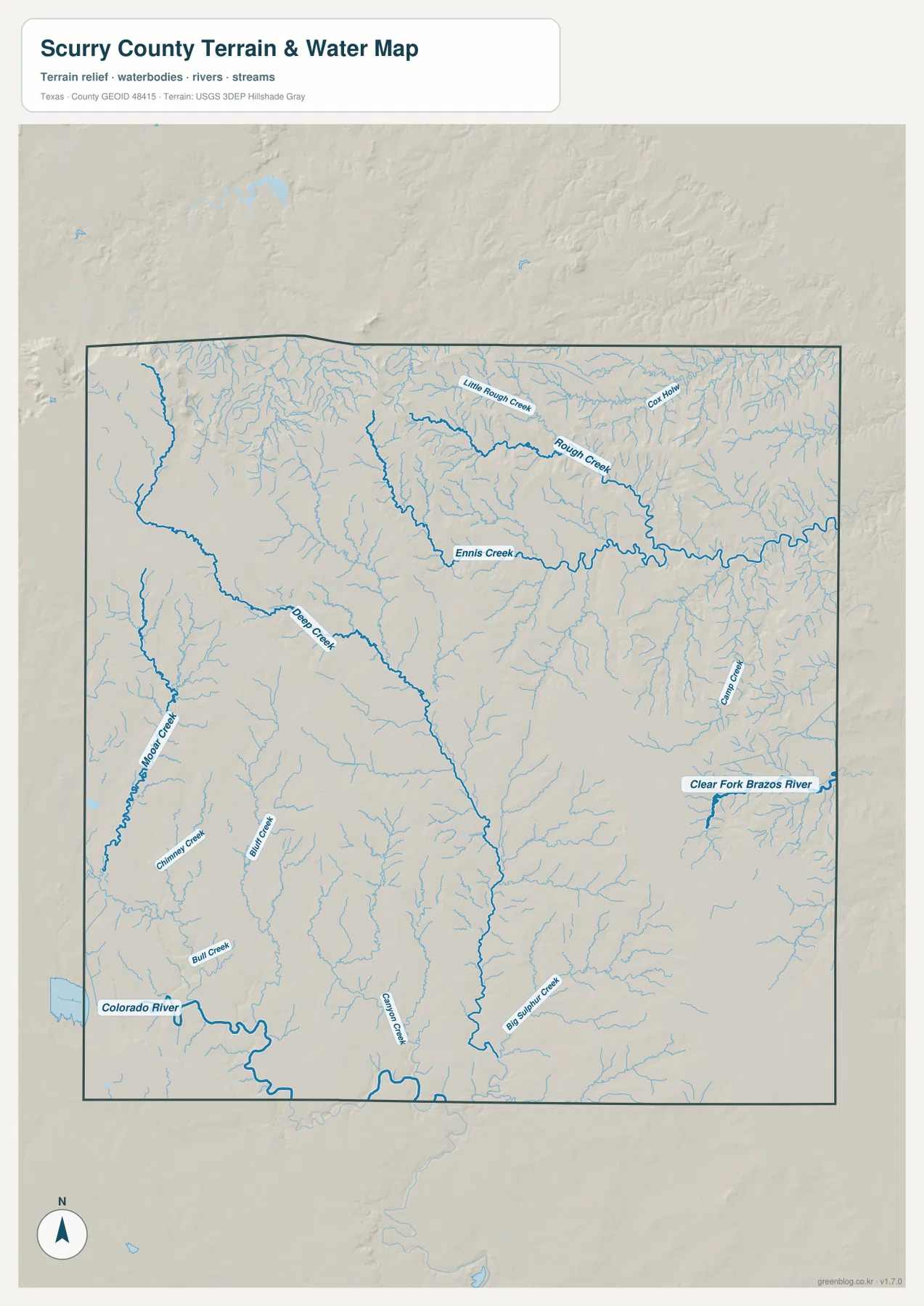 Scurry County water map with Deep Creek, Rough Creek, Ennis Creek, Colorado River, and Clear Fork Brazos River