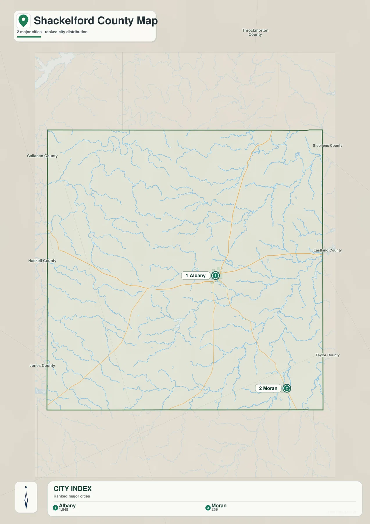 Shackelford County city map showing ranked locations for Albany and Moran