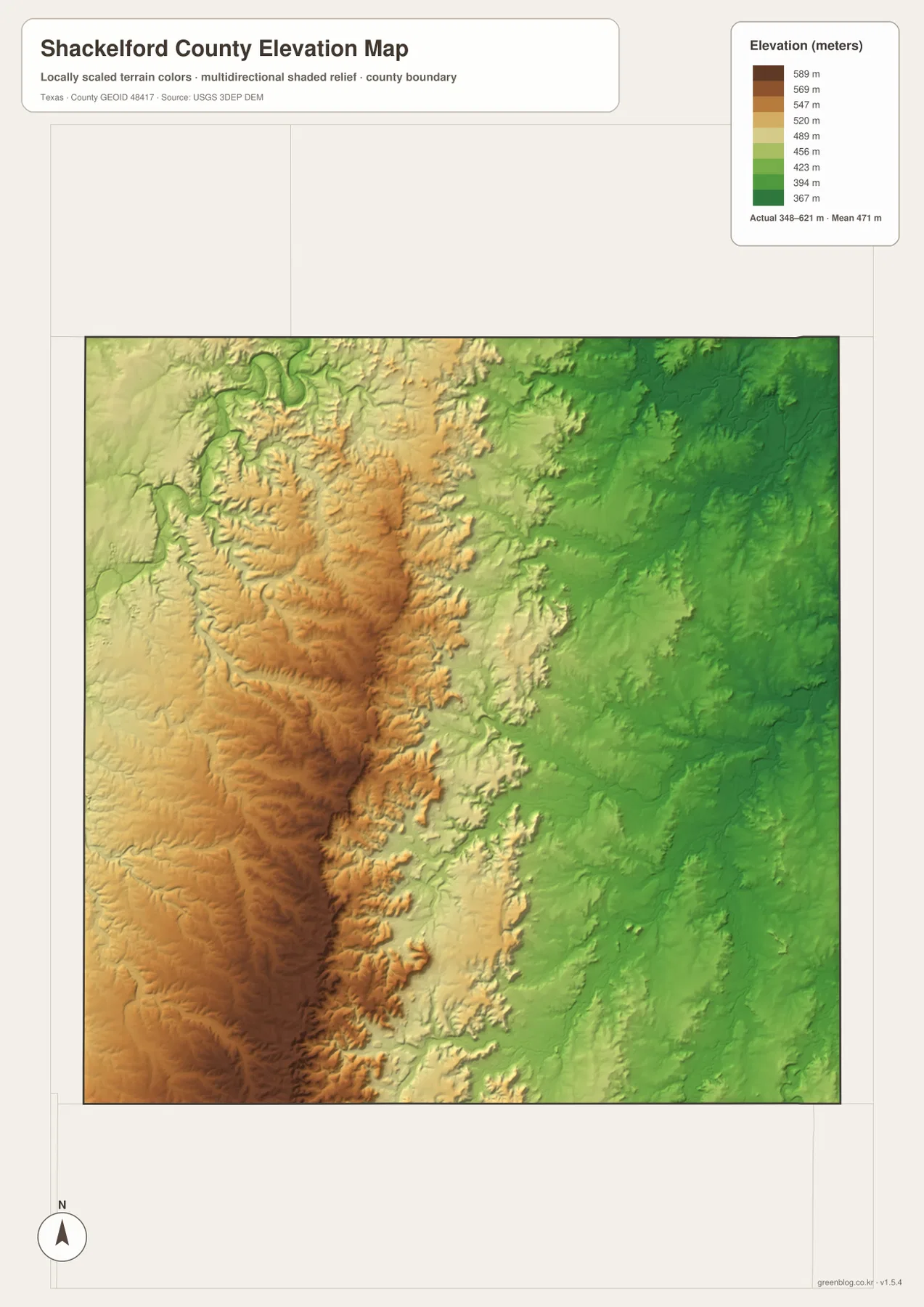 Shackelford County elevation map showing an actual range of about 348 to 621 meters and a mean of 471 meters