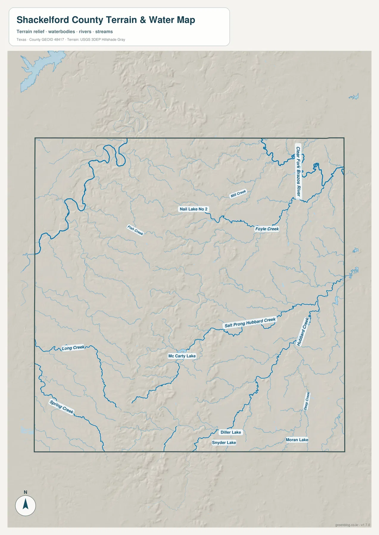 Shackelford County water map showing Clear Fork Brazos River, Foyle Creek, Salt Prong Hubbard Creek, Hubbard Creek, and named lakes