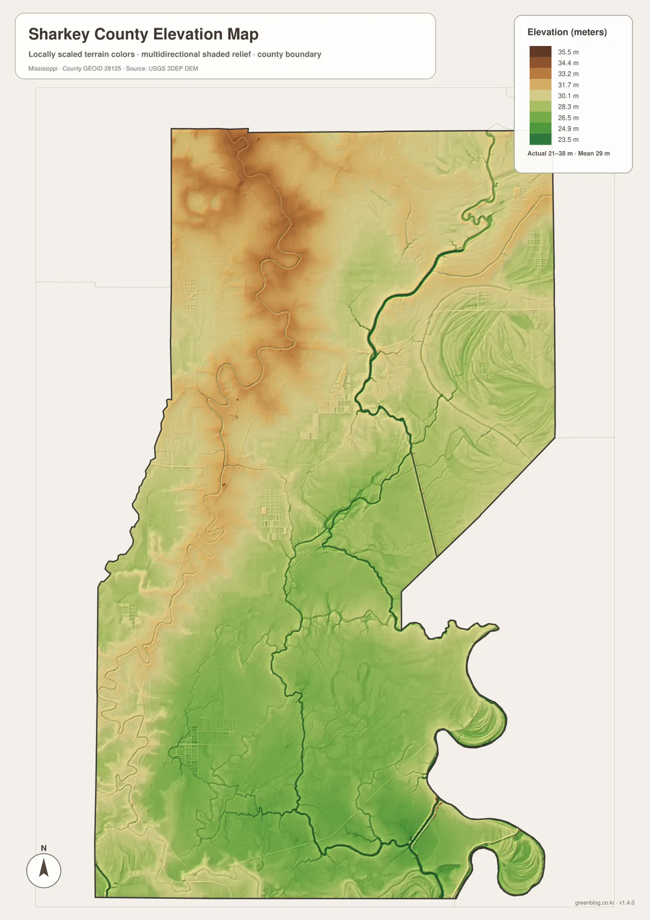 Sharkey County elevation map showing an actual range of about 21 to 38 meters across the Mississippi Delta