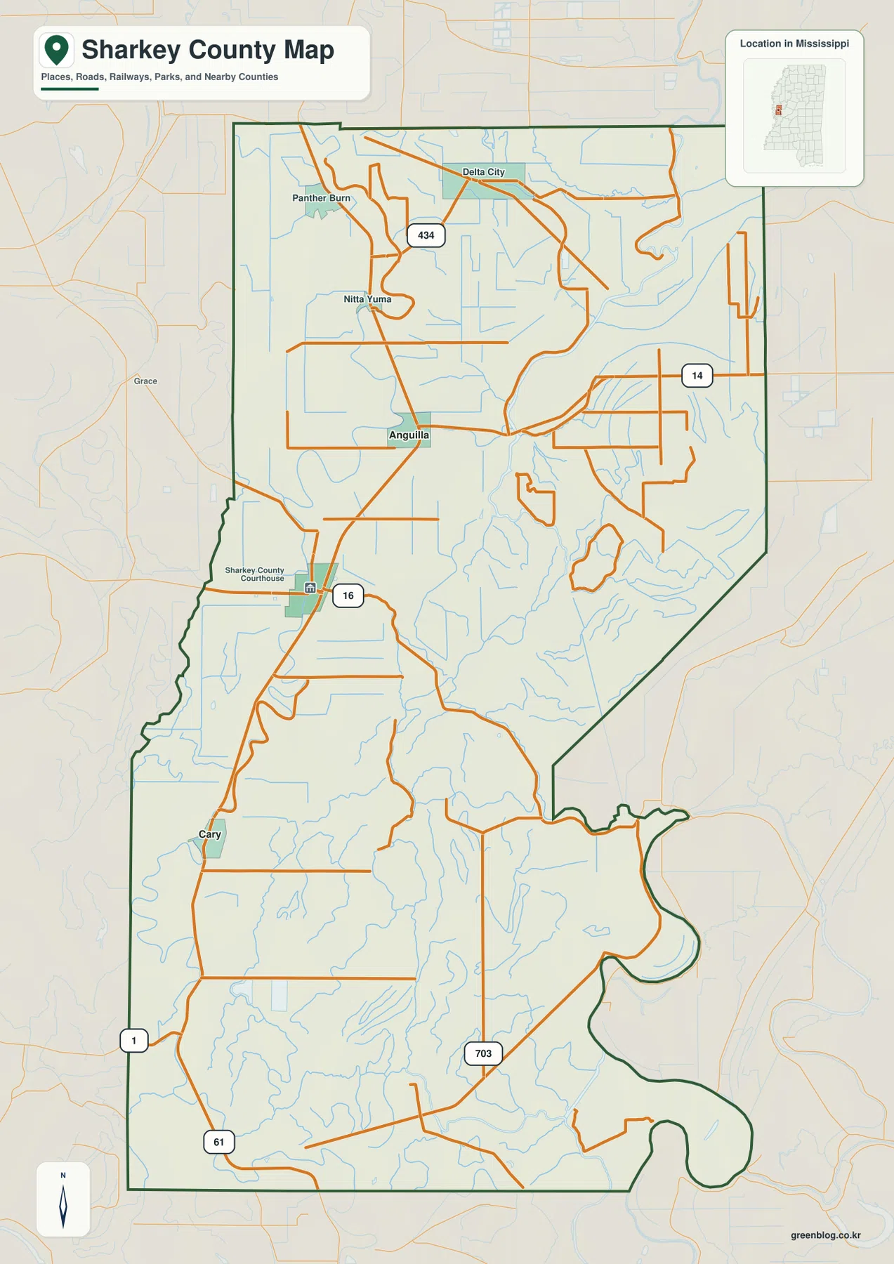 Sharkey County Mississippi map showing Rolling Fork, Anguilla, Cary, US 61, and major roads